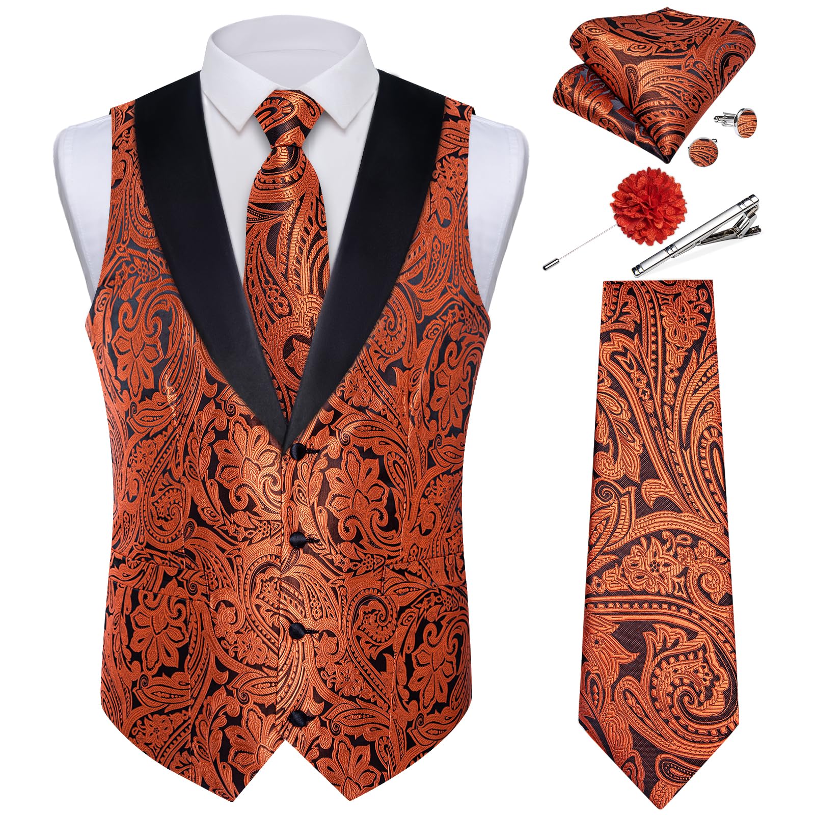 DiBanGu Mens Paisley Suit Vest Silk Jacquard Waistcoat and Necktie Set Formal Shawl Collar Dress Vest 7PCS for Wedding Party