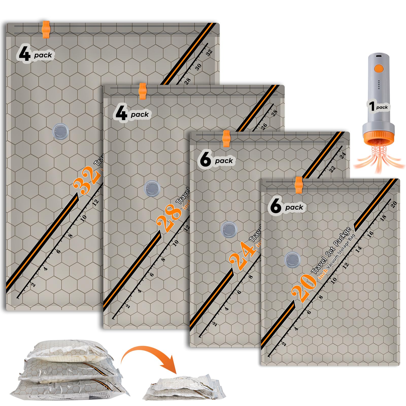 Vakuumbeutel für Kleidung Reise mit Kabelloser Pumpe, Vakuumbeutel 20 Beutel (6Sx40x54cm、6Mx47x64cm、4Lx54x74cm、4XLx61x84cm), ideal für Reise & Aufbewahrung – Vacuum Bags for Clothing Travel & Storage