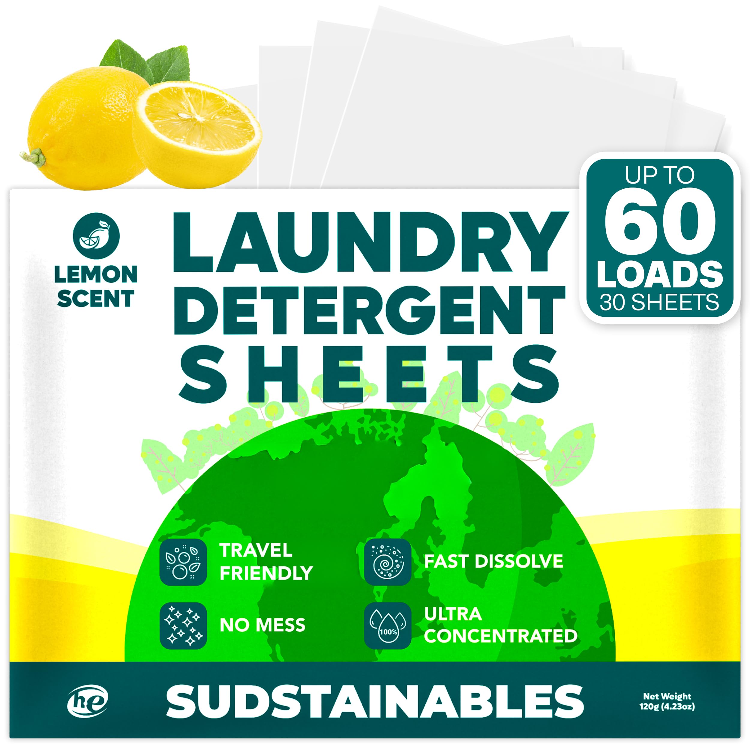 Sudstainables Laundry Detergent Sheets 60 Loads – Dissolvable Laundry Sheet for Washing Machines, Compact Alternative to Liquid & Powder Detergent,