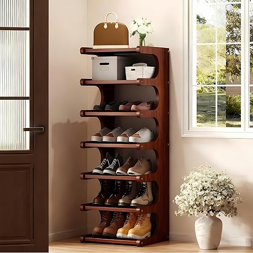 Miniatura 11 de Zapatero vertical de 7 niveles, estante de zapatos de bambú independiente, soporte de almacenamiento de zapatos, torre de zapatos para entrada,