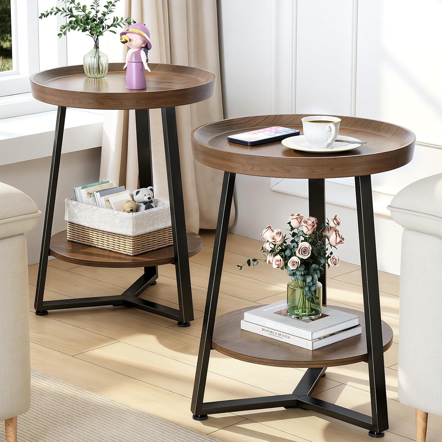 Round End Table Set of 2, 2-Tier Tray Top Side Table Decor Table, Ultra Stable Coffee End Table/Nightstand, Modern Farmhouse Couch Table for Living Room, Bedroom, Bedside Stand or Small Spaces, Walnut