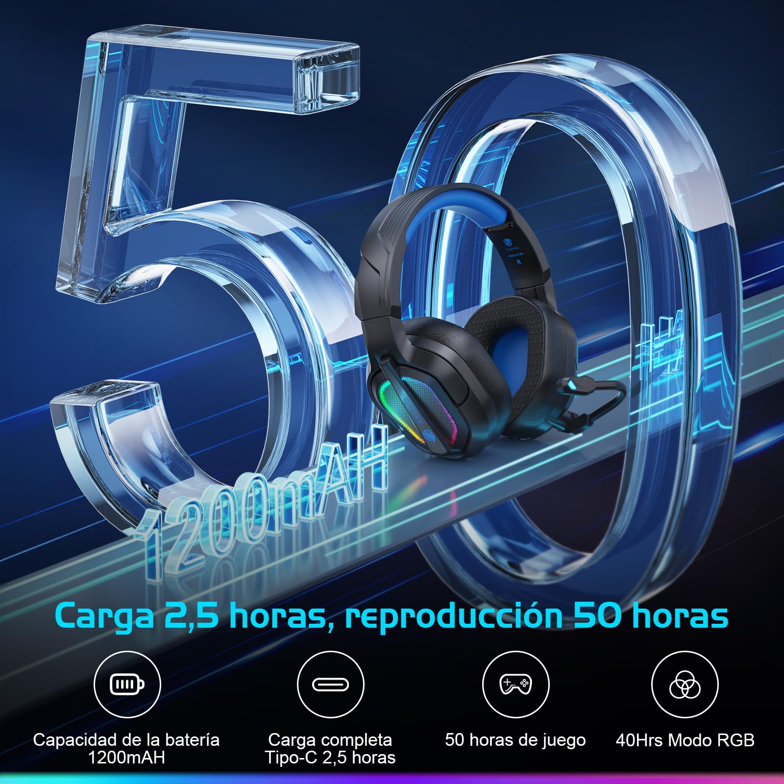 Fachixy「2025 Nuevo」FC200 Cascos Gaming Inalámbricos para PC, PS5, PS4, Auriculares Gaming Inalámbricos de 2,4GHz Wireless+Bluetooth - Baja Latencia, Duración 40Hr+, Luces RGB (Azul-Negro)
