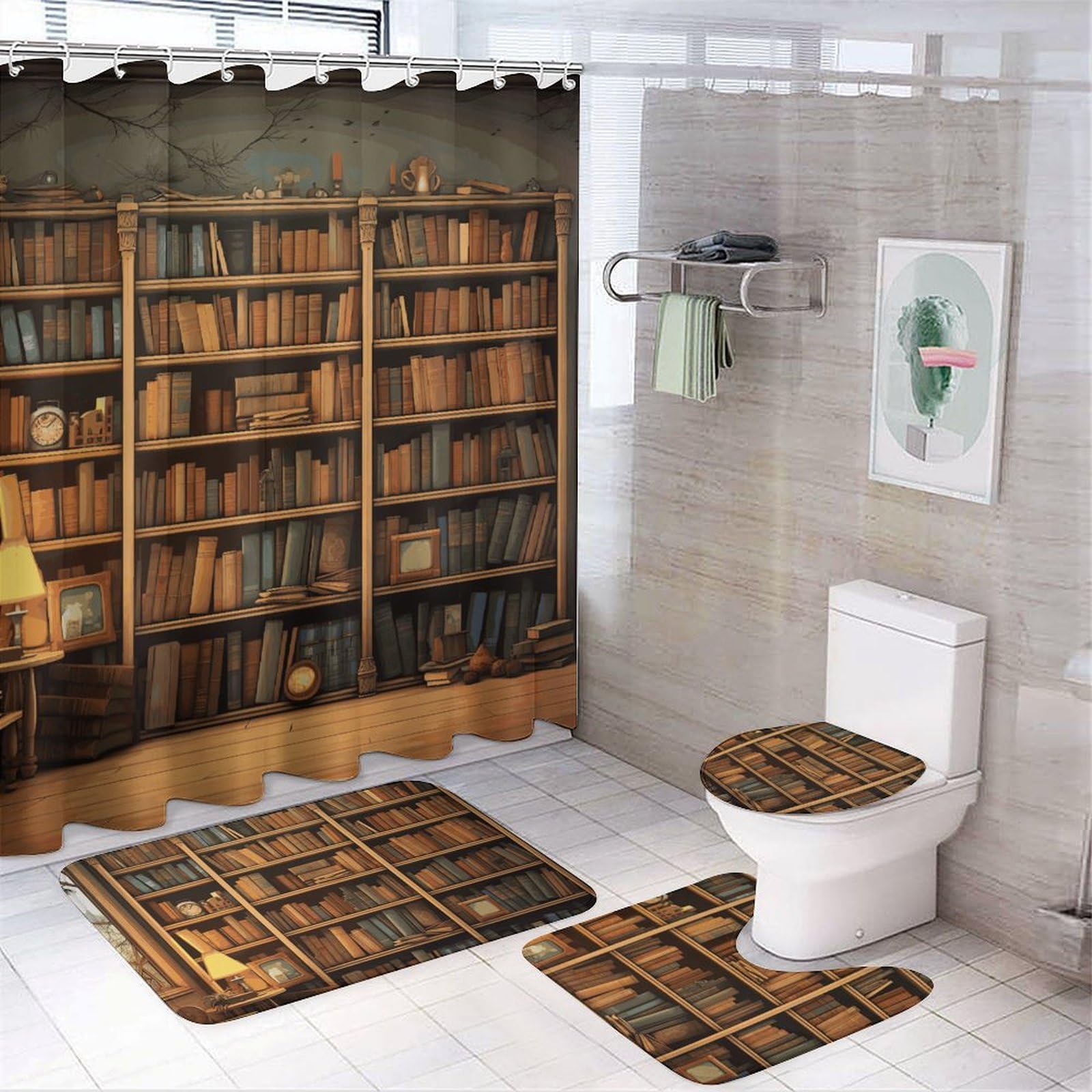 Rideau de douche rétro avec tapis antidérapant et housse de toilette