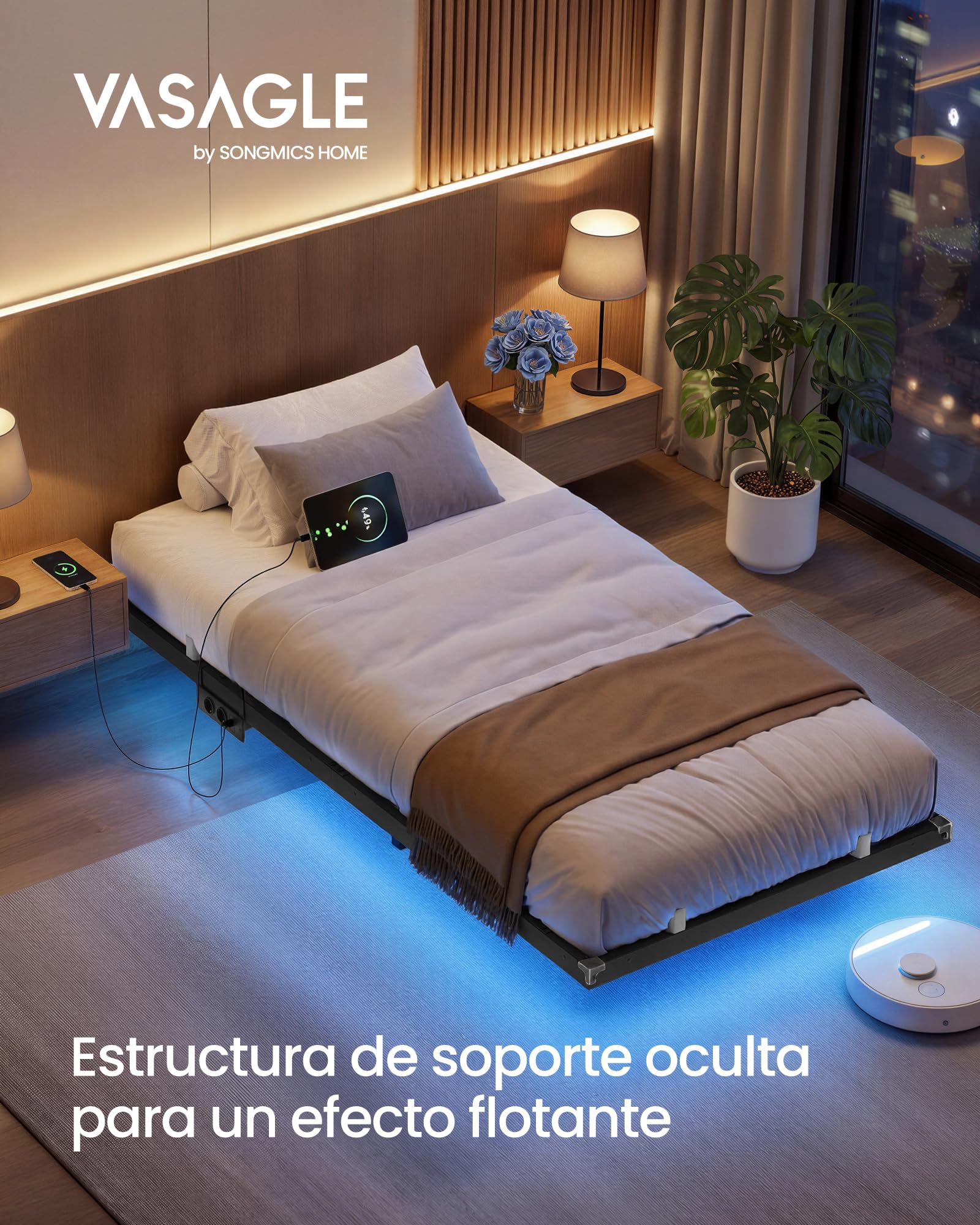 VASAGLE Marco de Cama 90 x 190 cm, Luces LED, Estación de Carga Extraíble, 2 Tomas CA, 1 Puerto USB-C, 1 Puerto USB-A, 1 en Posterior, Soporta hasta 250 kg, Negro Tinta RMB171B101