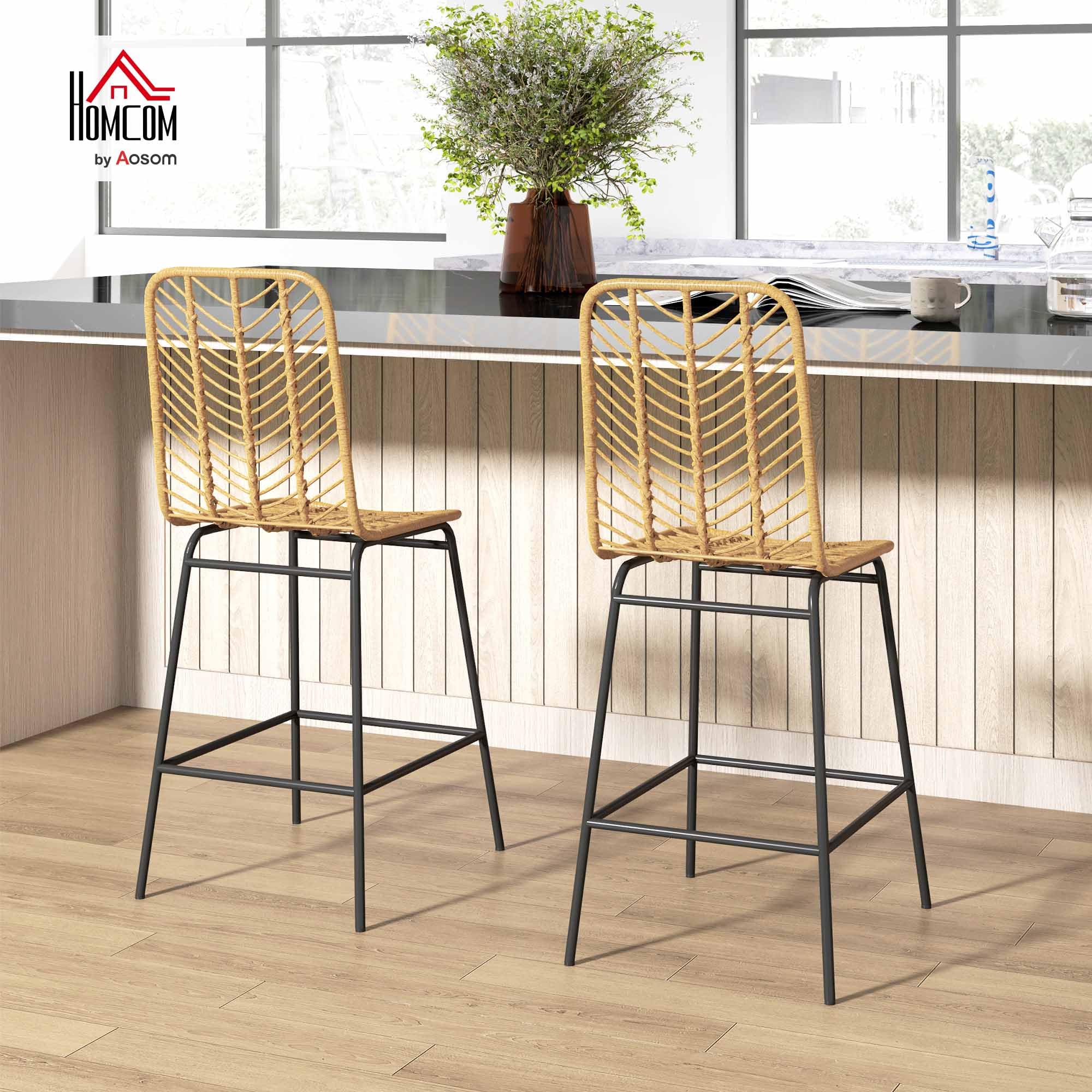 HOMCOM Barhocker 2er Set, Barstuhl mit Gestell aus Kunstrattan, Rückenlehne, Küchenstühle mit integrierter Fußstütze, Tresenhocker für Küche, Wohnzimmer, Esszimmer, Boho-Stil, Gelb