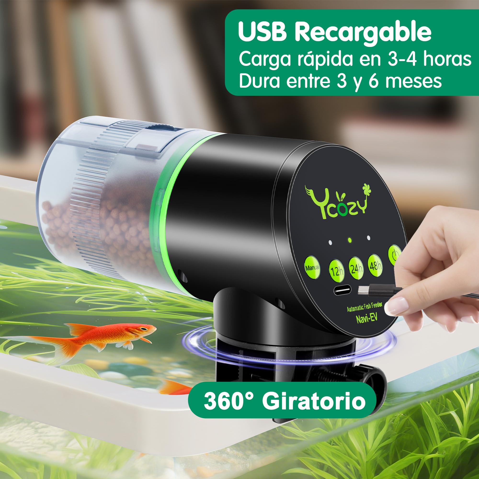 Ycozy Alimentador Automatico Acuario Recargable Dispensador Comida para Peces con Temporizador Alimentador Comedero Automatico Peces, Navi-EV