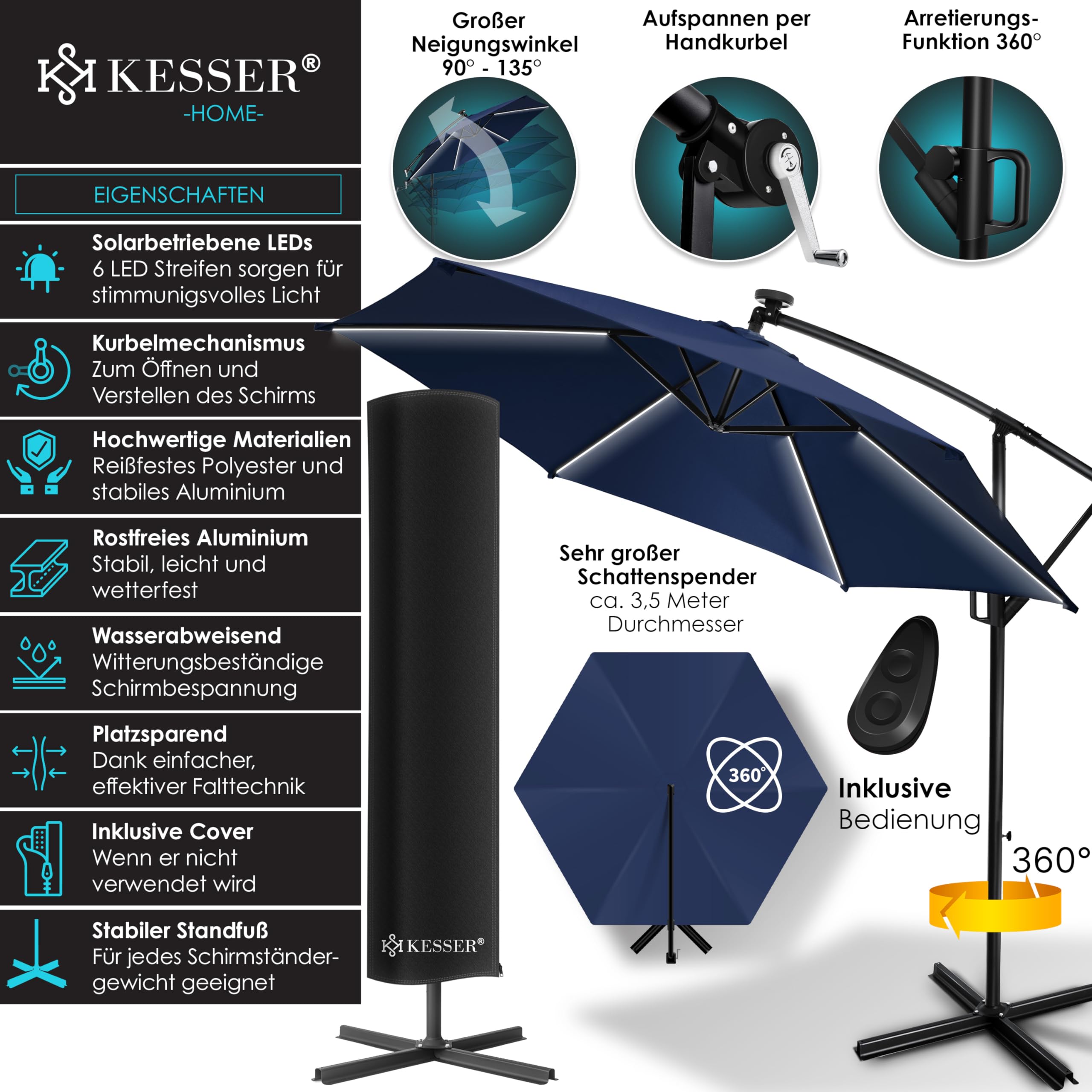 KESSER® Ombrellone in Alluminio, LED solare, incl. Copertura, Telecomando, Manovella, Funzione 360°, Protezione UV, Idrorepellente, Ombrellone da Giardino