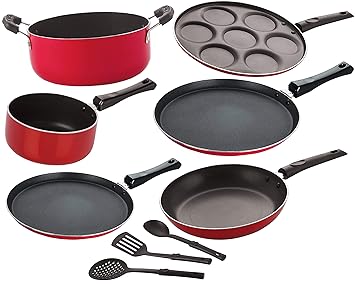 Nirlon Nonstick Gas Stove Friendly Aluminiun Cookware Set, 9pcs, Red & Black [FT13_FT11_SP(B)_UP(7)_Cass20_TP24_3SPN]