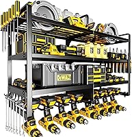 POKIPO Large Power Tool Organizer Wall Mount - 4-Tier Heavy Duty Steel Shelf, 400lbs Capacity, 8 Cordless Drill Holders for Garage Workshop Storage