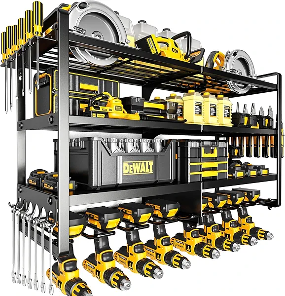 POKIPO Large Power Tool Organizer Wall Mount,4 Layers Heavy Duty Metal Loads 400lbs,Power Tool Shelf Battery Storage with 8 Cordless Drill Holder,Utility Racks for Garage Workshop