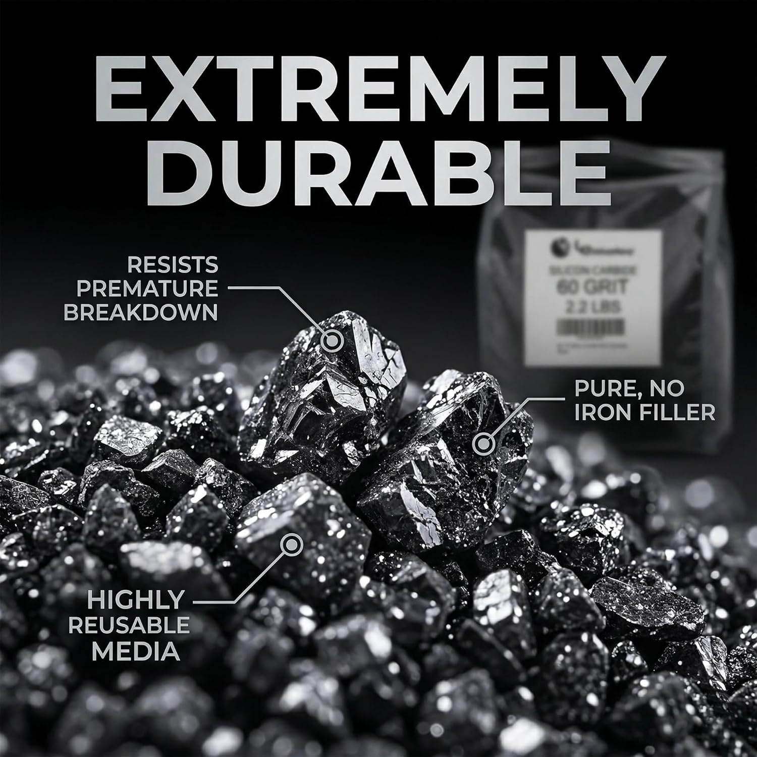 LE LEMATEC Silicon Carbide Sandblasting Media - Abrasive Blasting Sand for Surface Prep, Rock Tumbler Grit, Metal Polishing & Paint Removal - Professional Grits for Sandblaster - #60