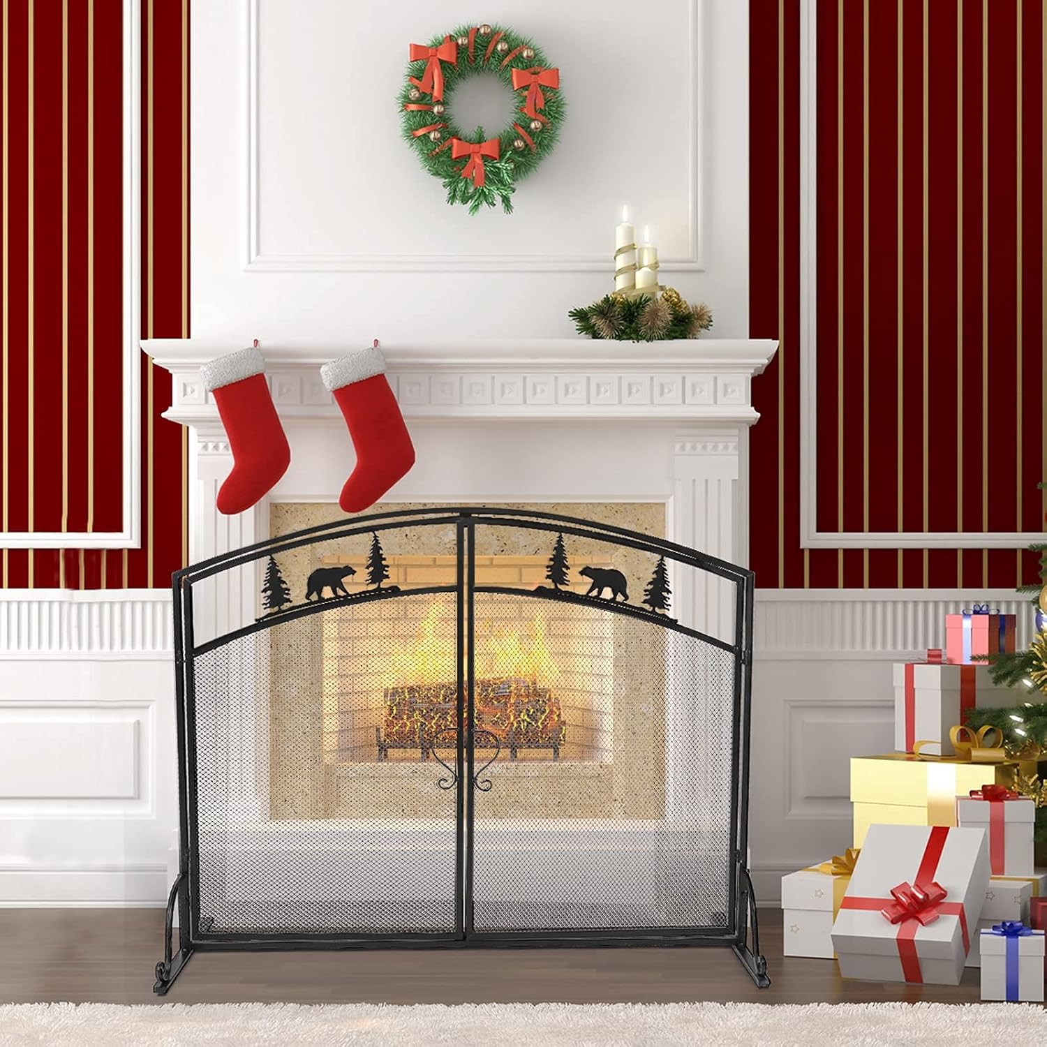 YYZKYTO Fireplace Screen Fireplace Screen Double-Door Curved Decoration 99X34.5X79Cm Indoor Fireplace Screen