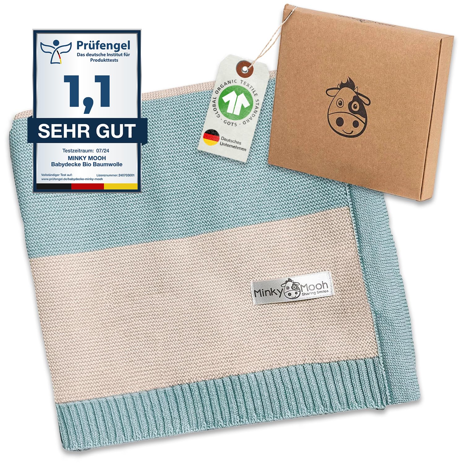 Minky Mooh® - Babydecke aus 100% Bio Baumwolle (Öko-Tex 100) Gr. 94x72cm Mint - Baby & Kuscheldecke Geschenk für Neugeborene zur Geburt Erstausstattung - Pucktuch & Baumwolldecke Mädchen & Jungen