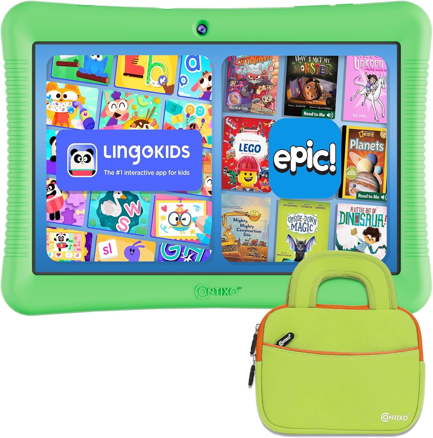 Contixo K102 10" Kids Tablet Bundle - HD Learning Tablet & Sleeve Bag for Kids Ages 3-7, Includes Learning Educational Apps, Parental Controls, Android, Dual Camera - Green