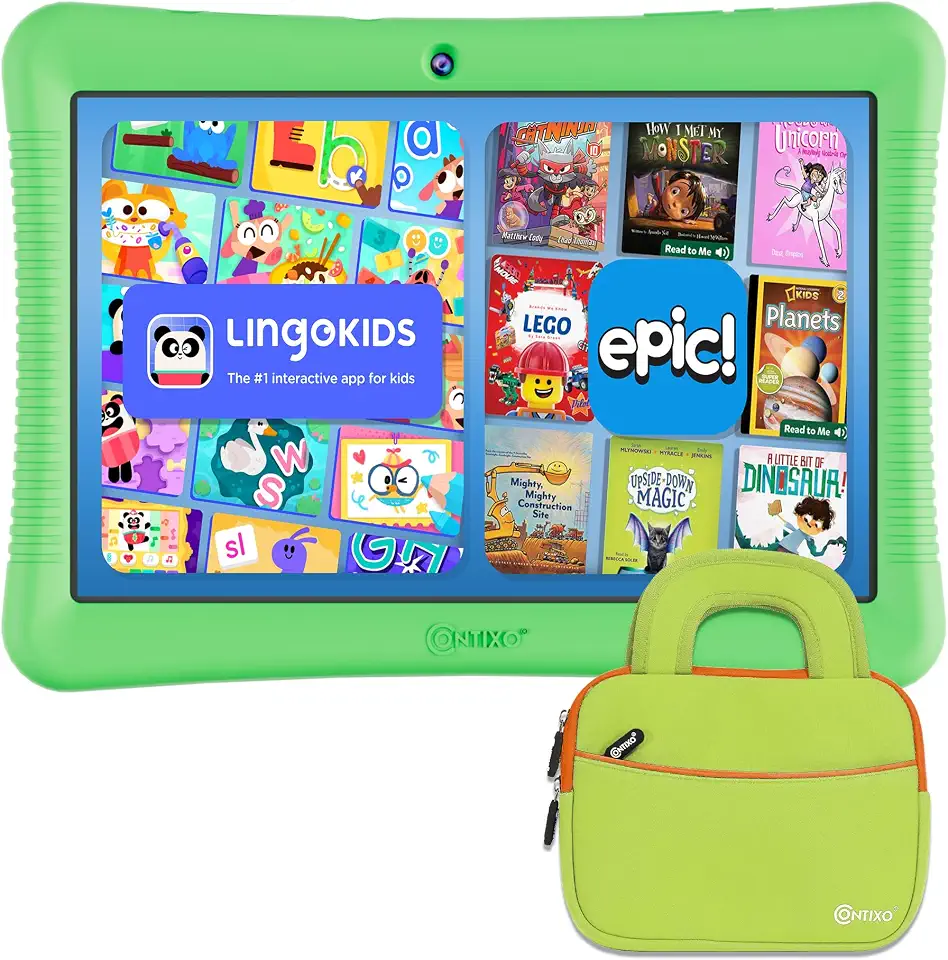 Contixo Pacote de tablet infantil K102 de 10 polegadas - Tablet HD Learning e bolsa de manga para crianças de 3 a 7 anos, inclui eBooks da Disney (valor de $350), controles parentais, câmera dupla