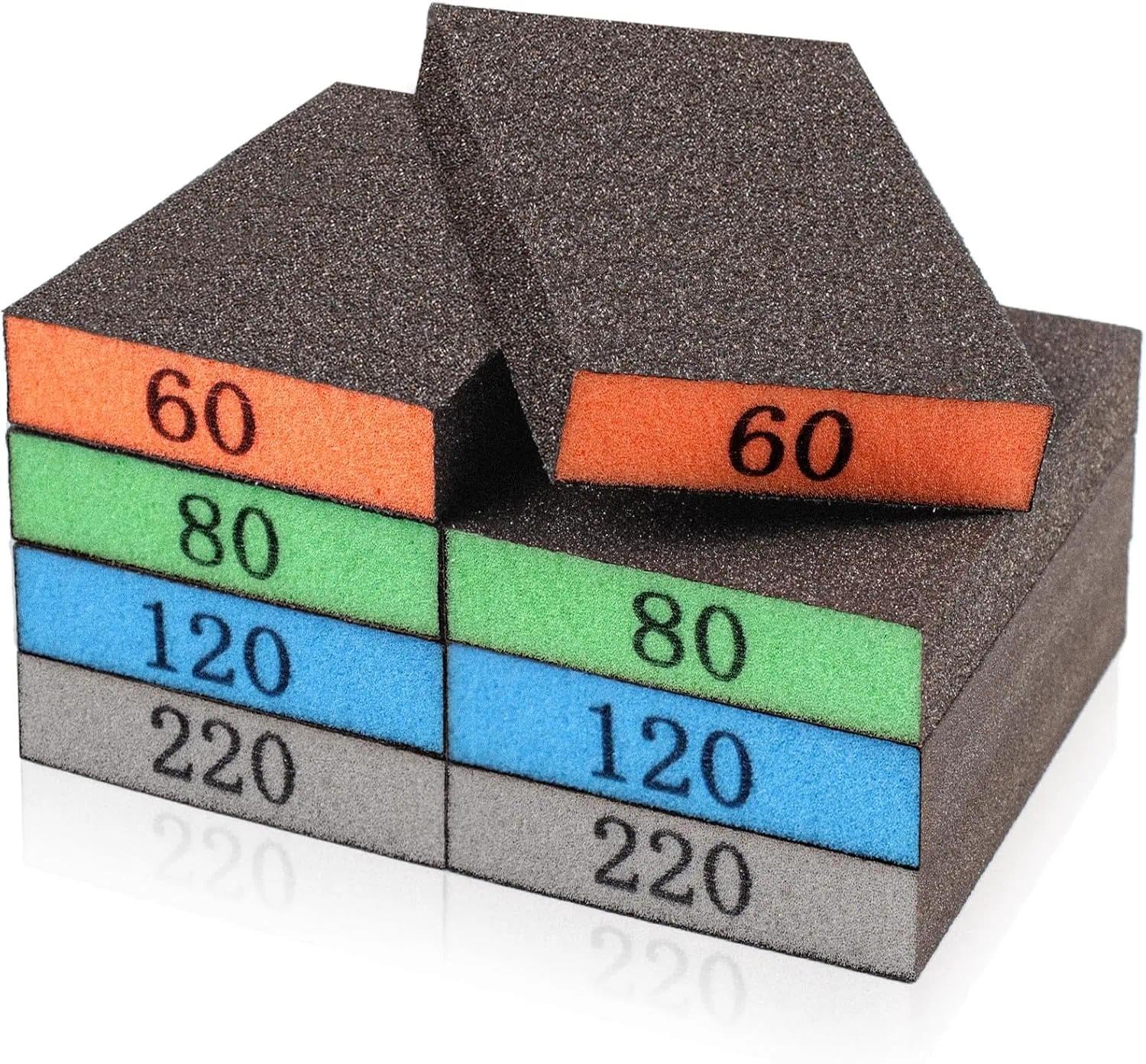 16-Piece Sandpaper Sponge Set, Washable and Reusable Blocks, Suitable for Plasterboard, Wood, and Metal Furniture, Including 4 Pieces Each of 60/80/120/220 Grit Blocks