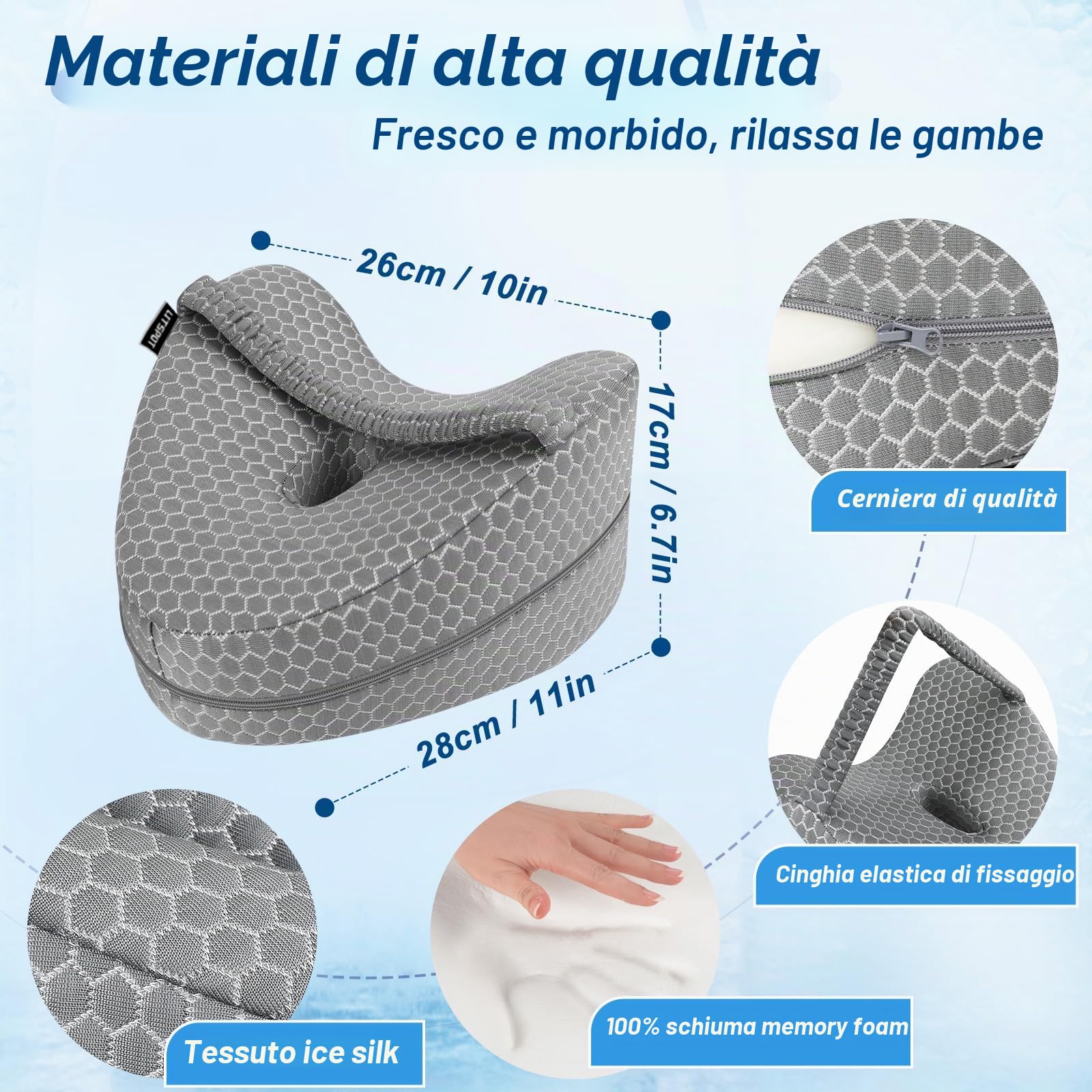Cuscino Rinfrescante per Gambe e Ginocchia per Dormire sul Fianco, Cuscino Gambe Ergonomic in Memory Foam con Cinghia Elastica Federa Lavabile, Grigio