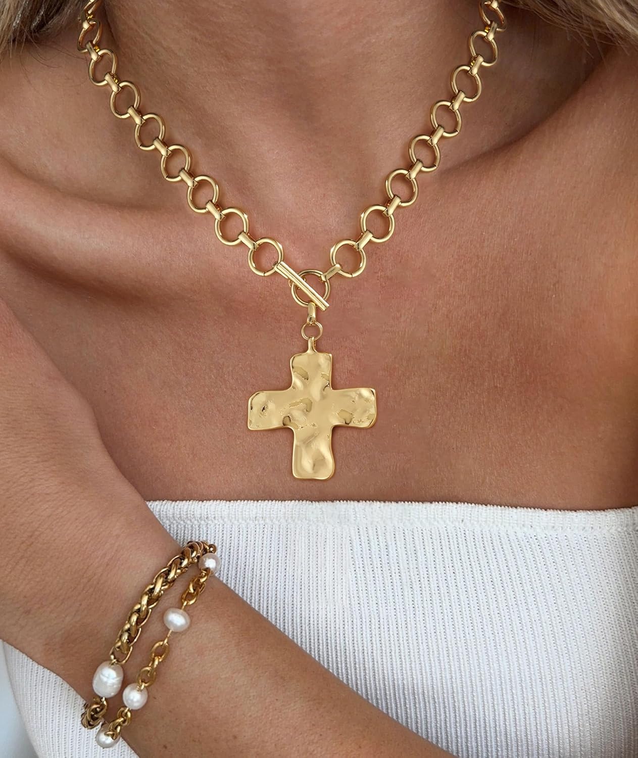 Chunky Gold Necklace for Women Trendy Non Tarnish 14K Gold Plated Statement Paperclip Chain Charm Necklaces Cross Pearl Heart Evil Eye Clover Spiral Pendant Necklace Birthday Gifts for Women Jewelry - Image 3