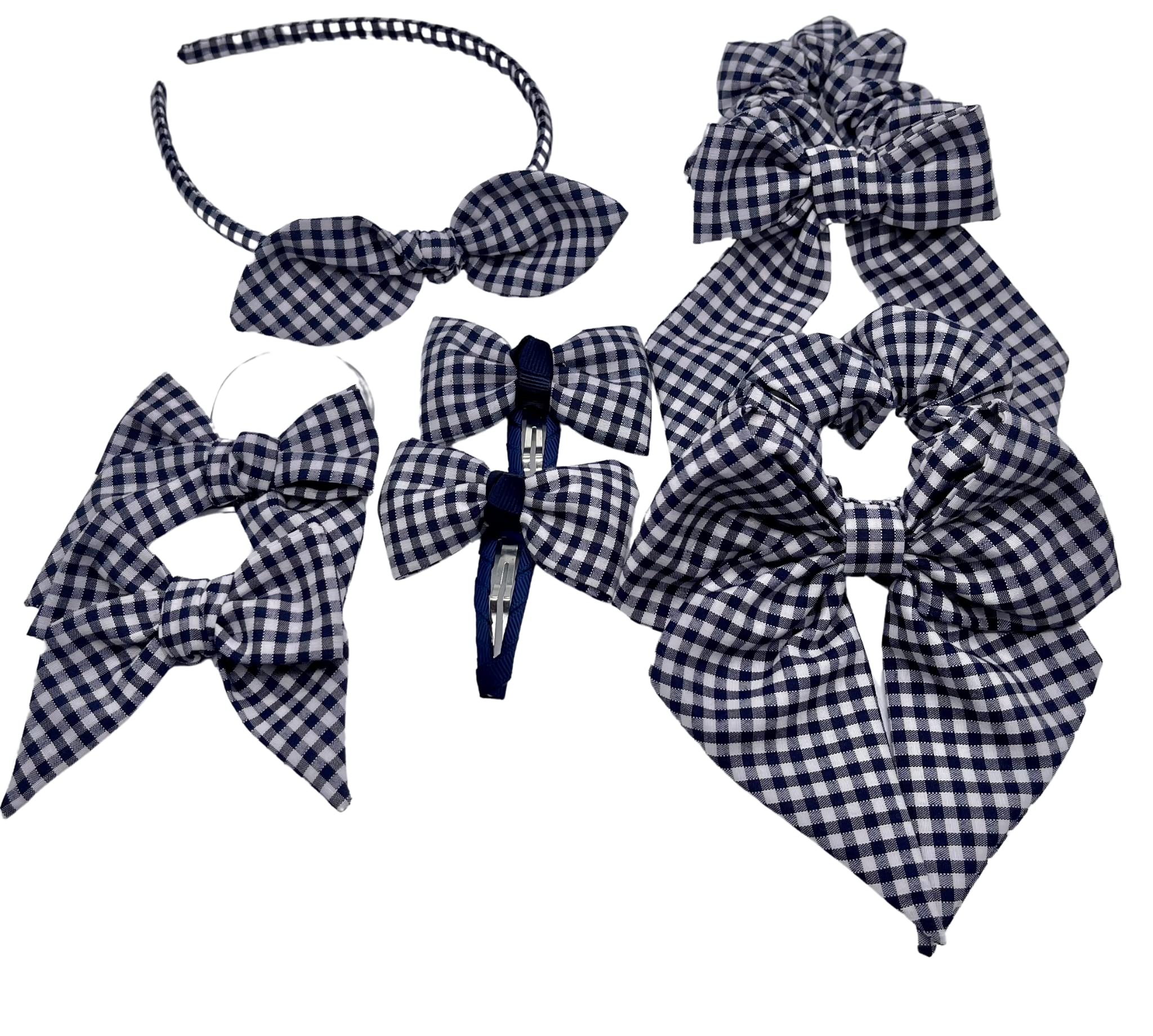 7 Piece Gingham Hair Accessories Set Bundle| School Uniform| 5 Amazing Colours| Gift for kids| school hair bows (Navy)