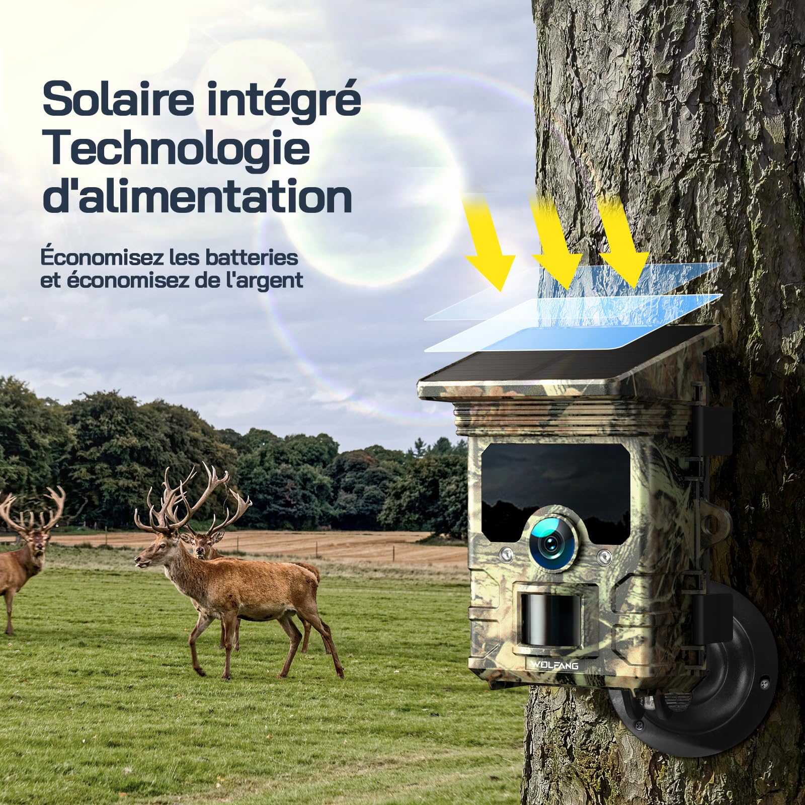 WOLFANG Caméra de Chasse Solaire 4K 30fps 68MP WiFi Bluetooth Camera Chasse Vision Nocturne IP66 Étanche pour la Surveillance de la Faune et la Sécurité à Intérieure