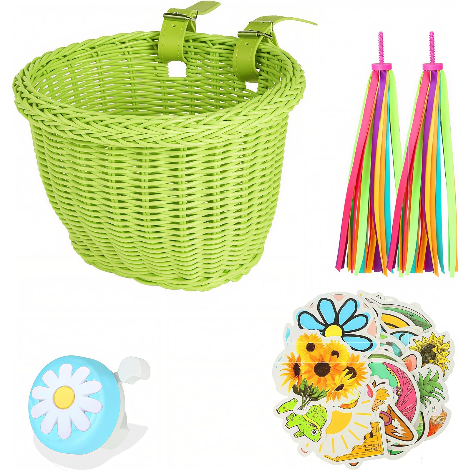 SVNR Kids Bike Basket, Wicker Girl Bike Basket Green, Bike Handle Bowknot Streamers，stickers and Bell, Children Cycling Basket with Spare Leather Straps, Easy Install Detachable — image 1