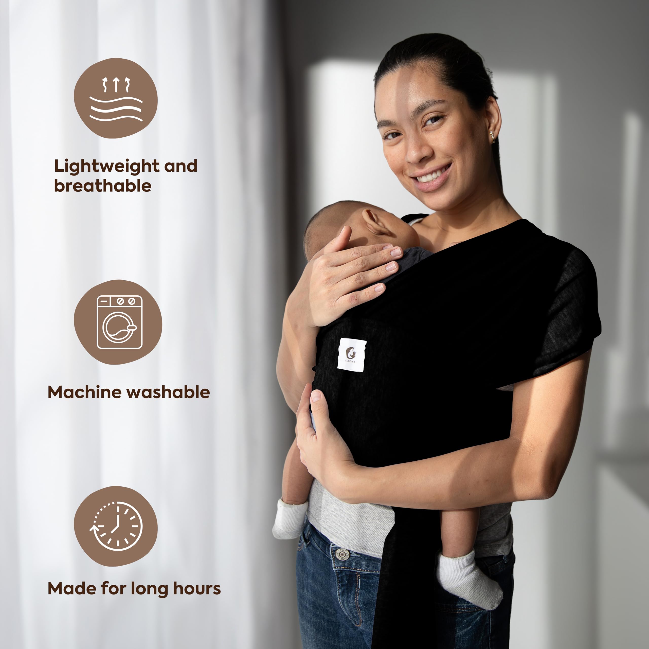 ELDOMA Black Baby Wrap Carrier - Lightweight, Breathable Baby Sling, Hands Free Baby Carrier Sling, Baby Carriers from Newborn to Toddler, (7-35 lbs / 3-15kg) — view 5