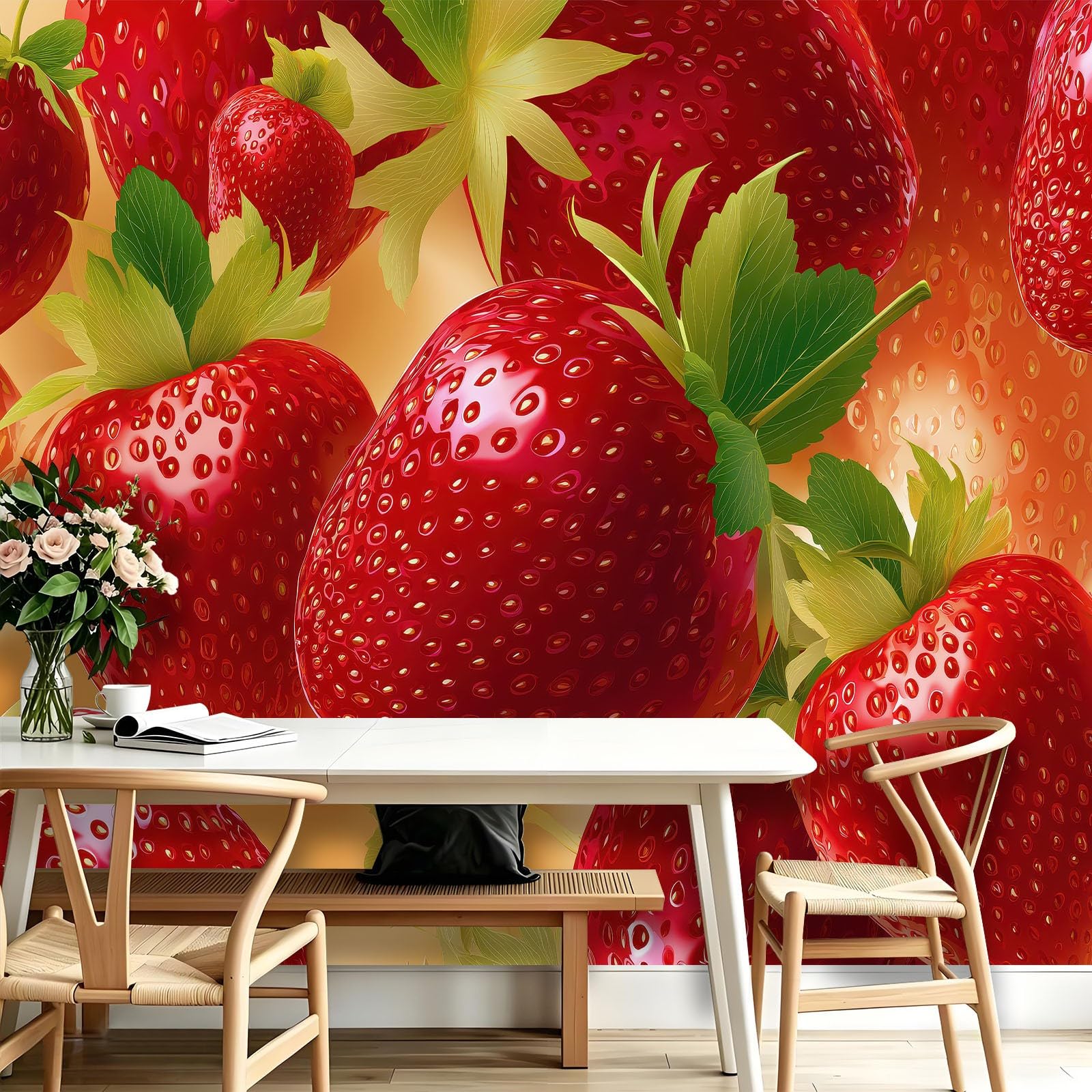Carta da parati fotografica in seta moderna con fragole, carta da parati XXL, decorazione da parete per negozi di dessert, cucina, 200 x 140 cm