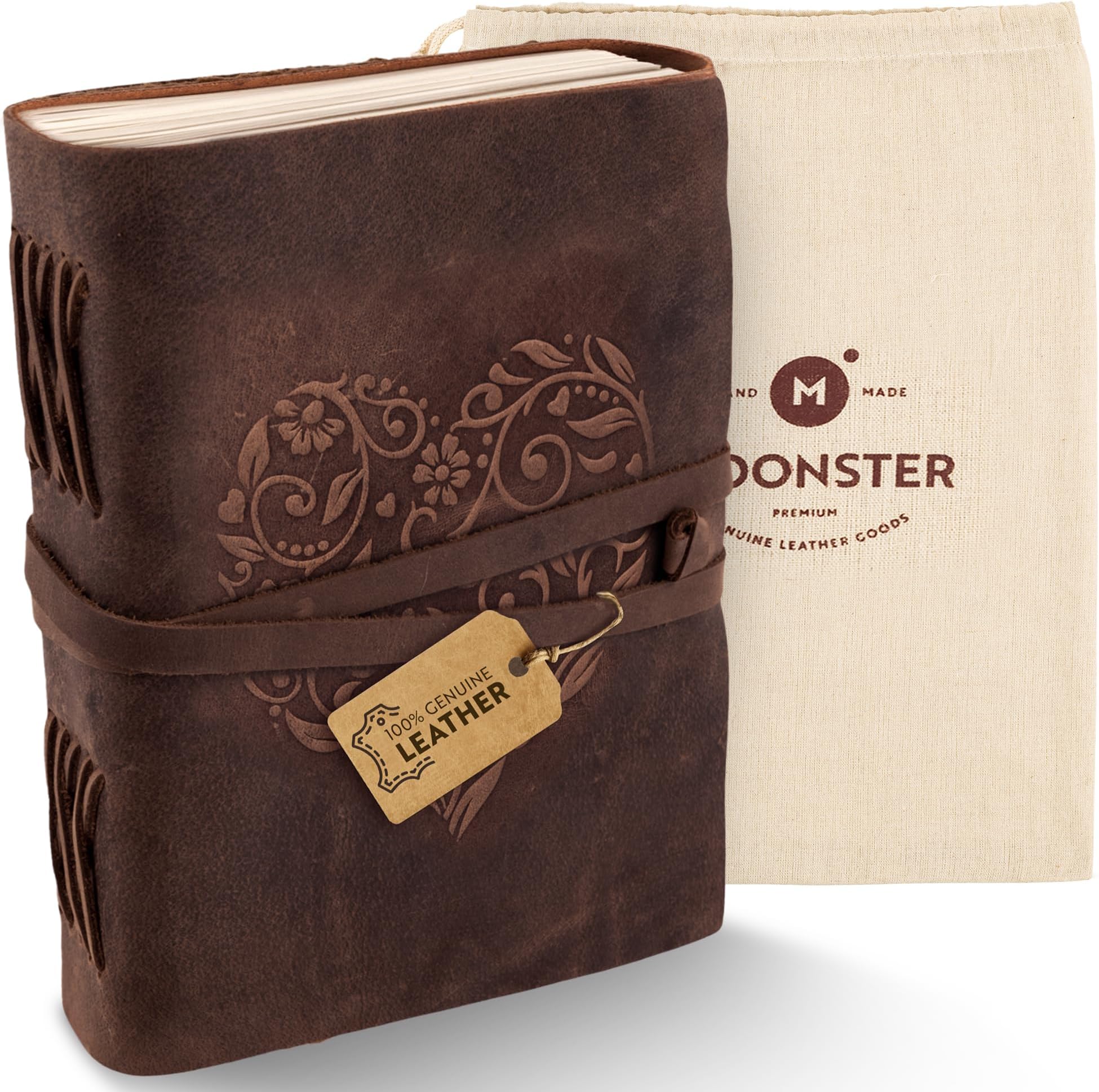 moonster Leather Journal with Embossed Heart Shape - Non Refillable 8x6″ Lined Notebook - 400 Pages College Ruled Kraft Paper - Inspirational Small Notebook - Leather Journals for Women