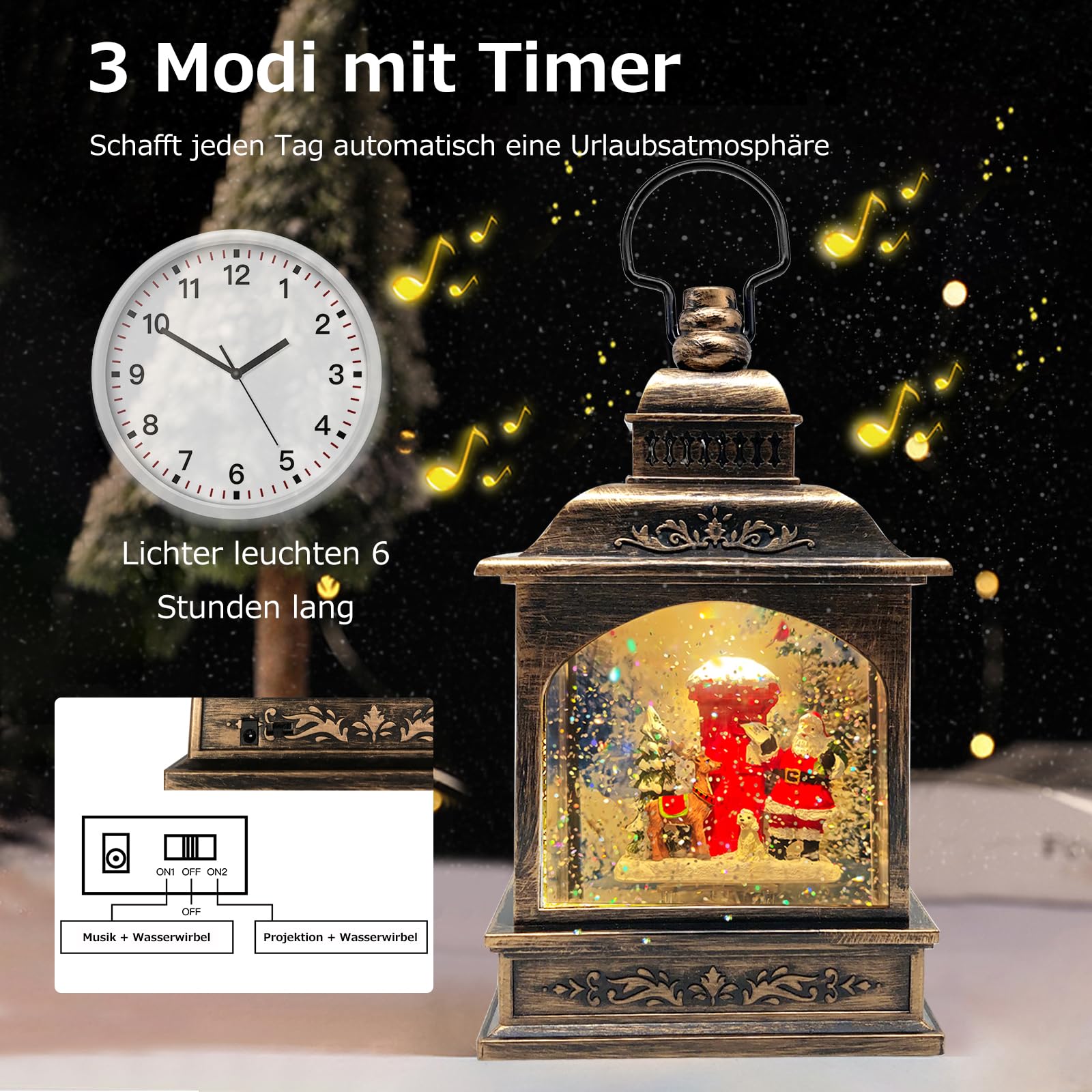 Weihnachts Schneekugel Laterne mit Zeitschaltuhr, Beleuchtete USB/batteriebetriebene Wirbelnde Singende Wasserlaterne mit Projektion, Schneekugel Laterne für Erwachsene Kinder, Weihnachtsdekoration