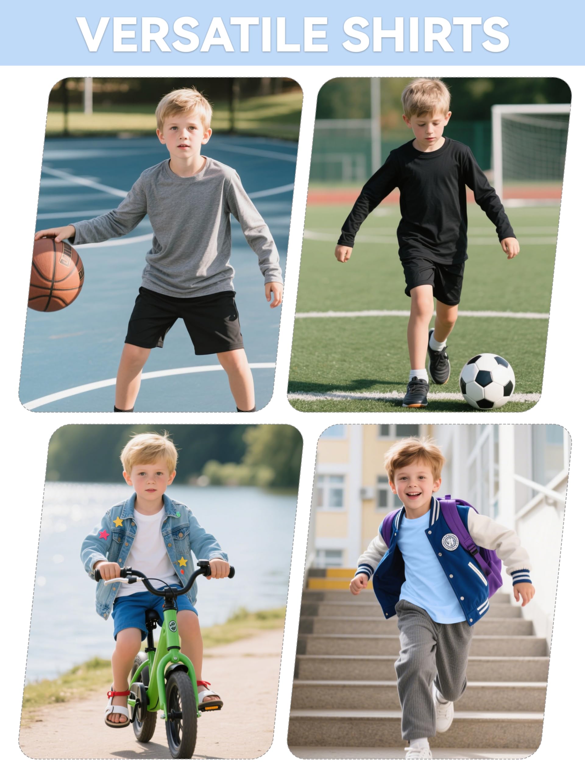 Semois 5er-Pack Jungen Langarmshirts Jungen Baumwolle Rundhals Basic Tees Soft Kinder Langarm T-Shirts Top