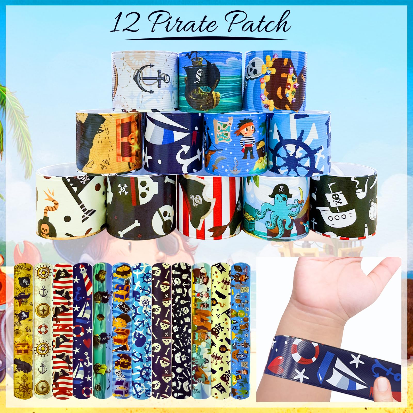 PQKL Party: Set di regalini pirata per compleanno bambini, festa dei pirati, sacchetti regalo, taccuino baffi, bracciale a scatto, adesivo per la nascita dei bambini