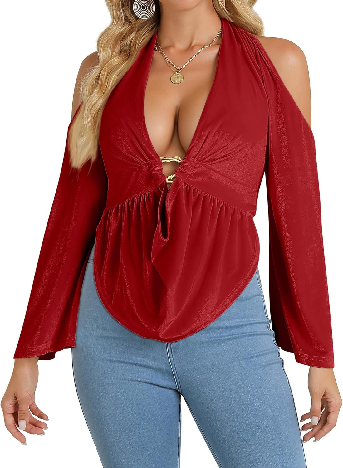 レディース セクシー ホルター バックレス 外出トップ ディープV プランジ タイバック ノースリーブ クラブ パーティー コンサー