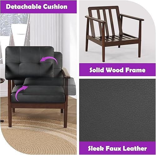Miniatura 7 de TYBOATLE Sillas decorativas retro modernas de mediados de siglo, sillón tapizado de piel sintética con marco de madera maciza y cojines extraíbles,