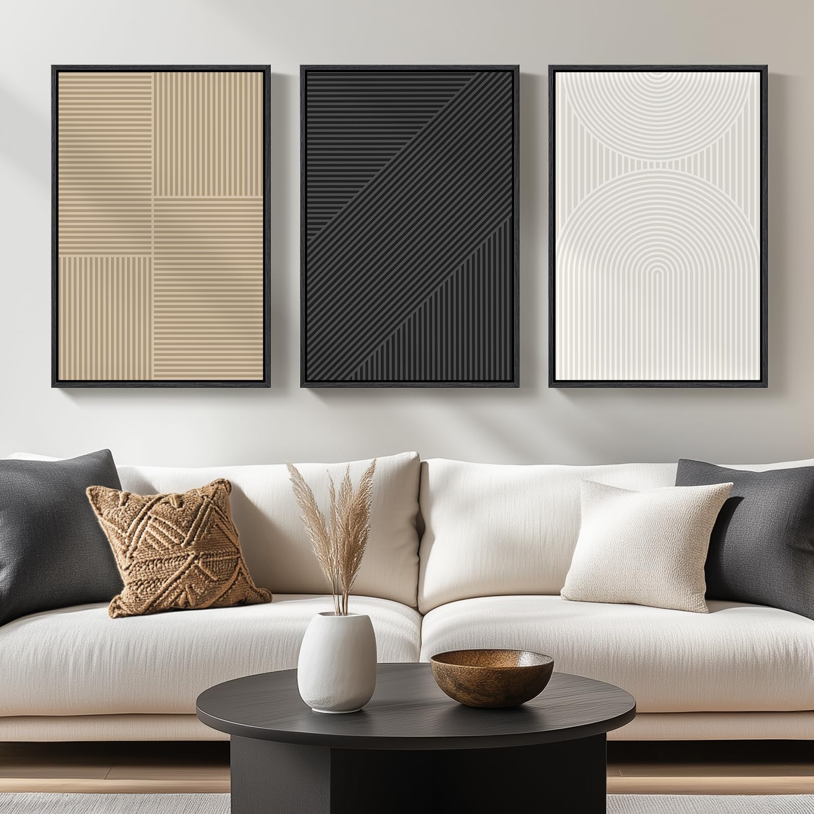 Framed Boho Black and White Abstract Wall Art, Set of 3 Piece Large Modern Neutral Minimalist Canvas Paintings Wall Decor Art Prints Pictures for
