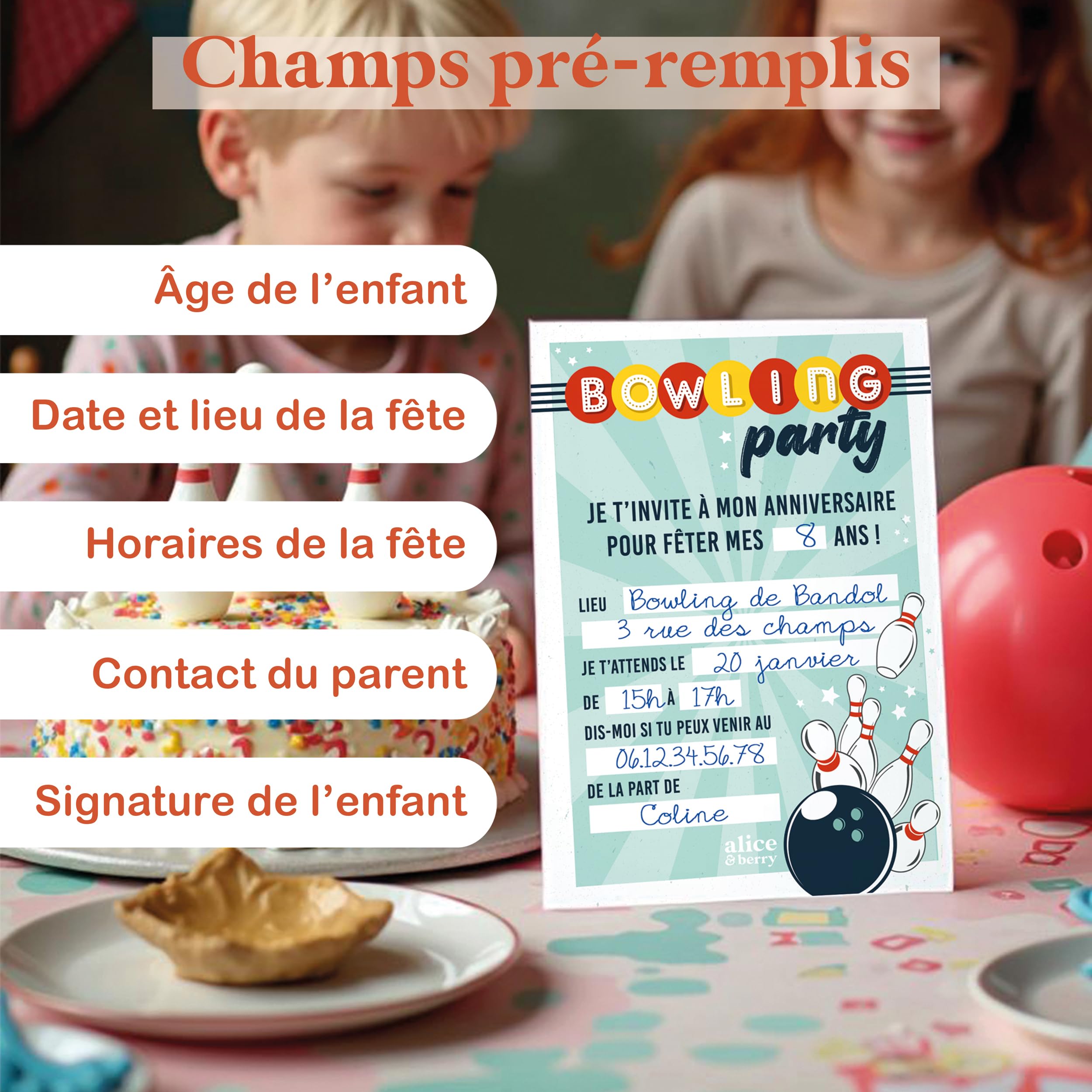 Set Di 8 Inviti Per 8° Compleanno Con Bustine - Tema Bowling/Coni - Per Bambini E Bambine - 2