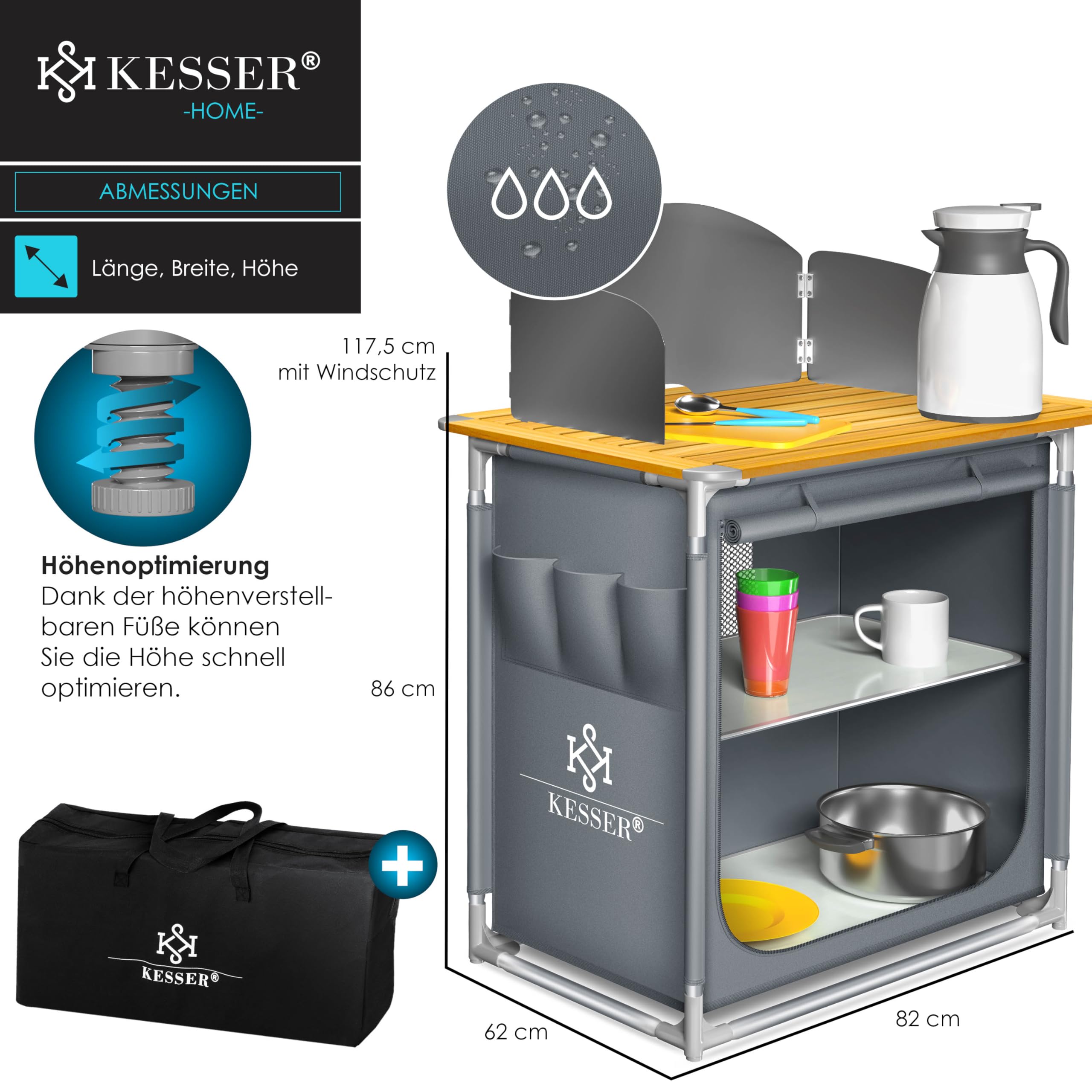 KESSER® Cucina da campeggio, con borsa per il trasporto e set di bicchieri, armadietto da campeggio pieghevole, con struttura in alluminio, cucina da viaggio, armadietto da tenda, cucina da campeggio,