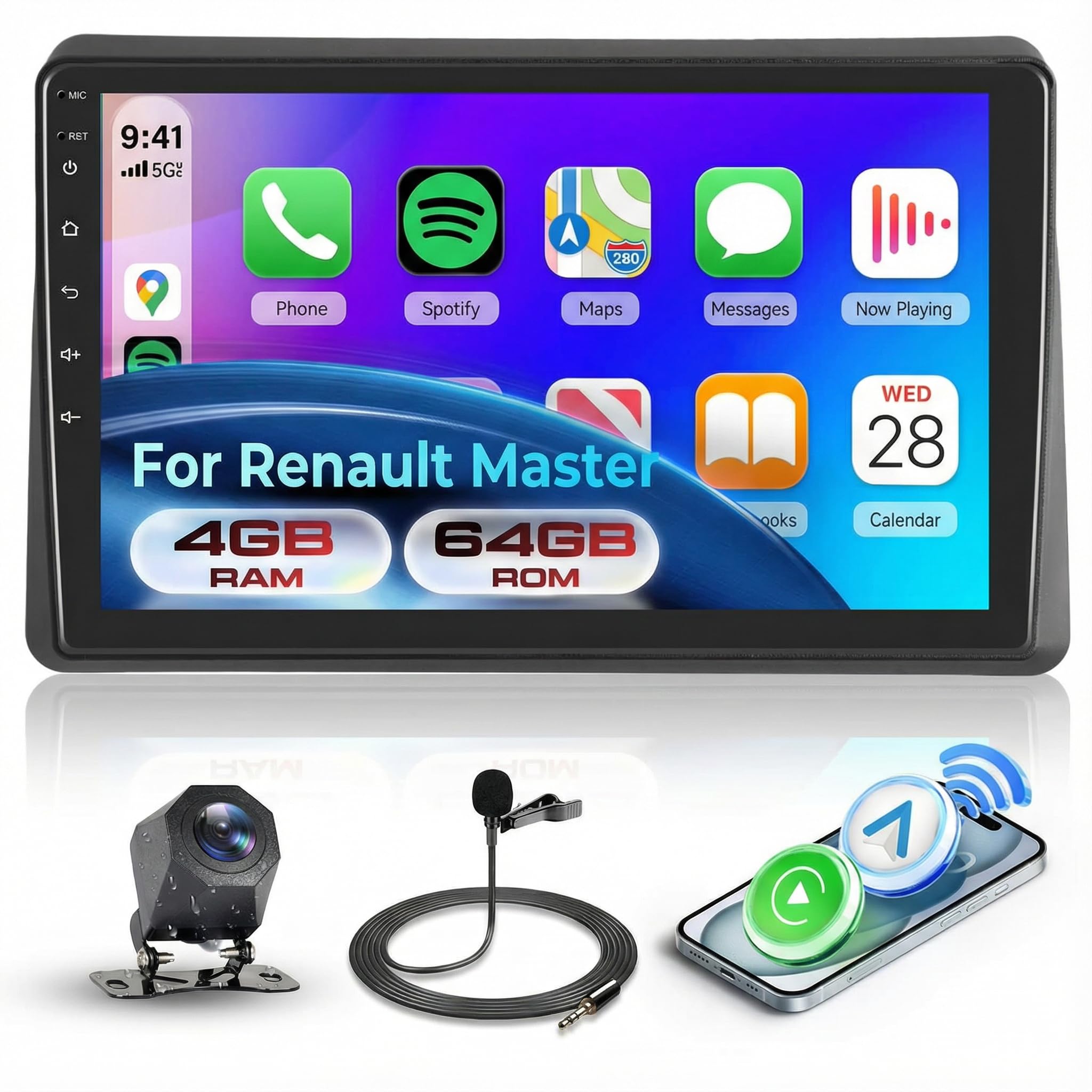 Hodozzy 4G+64G Autoradio pour Renault Master 2019-2022 Android 10,1 Pouces Incell Écran Tactile GPS Carplay Android Auto sans Fil, Poste Radio Voiture 2 Din Bluetooth DSP WiFi FM RDS SWC Caméra