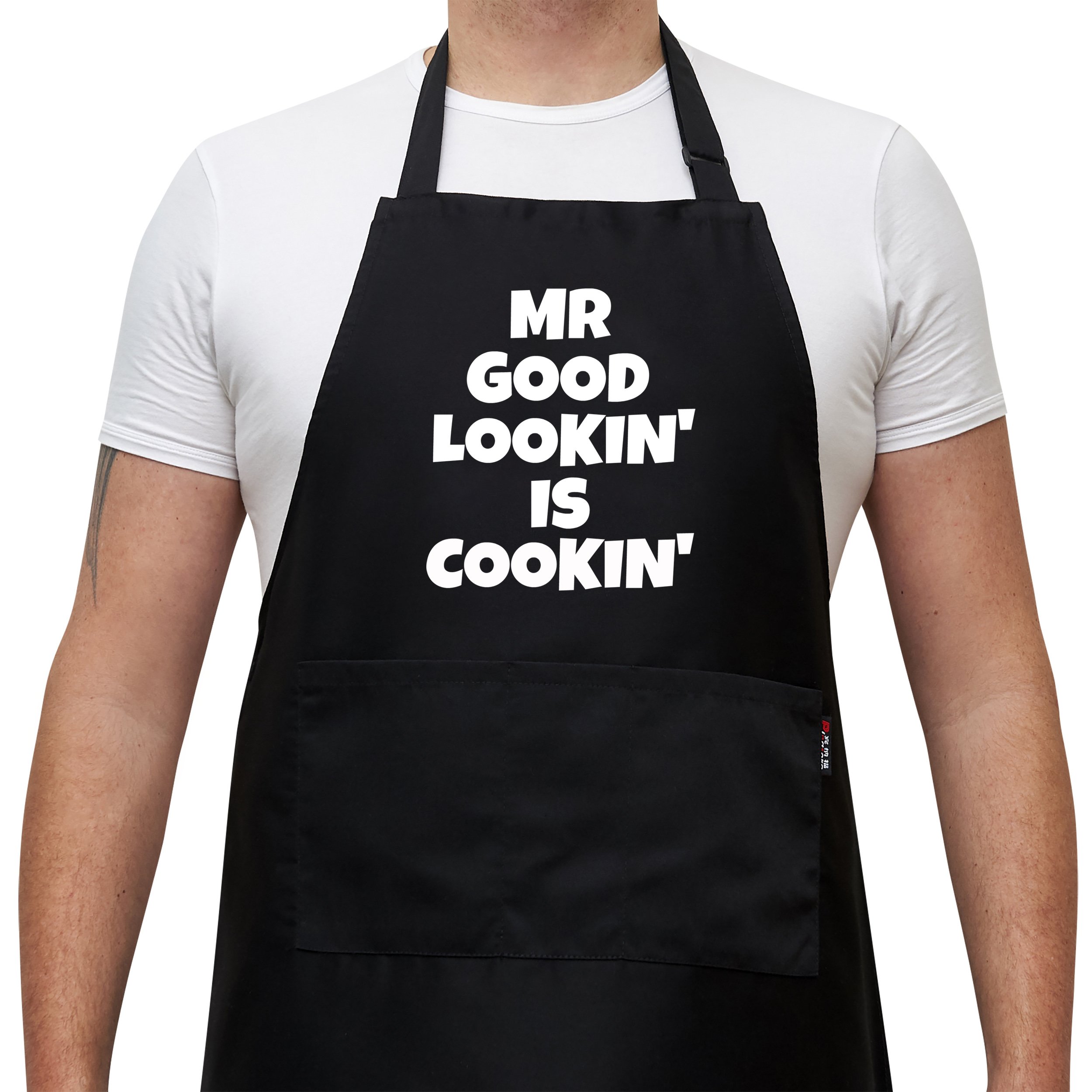 Savvy Designs Mr Good Lookin Is Cookin BBQ Apron, Funny Apron For Men - Adjustable Black Apron with Pockets
