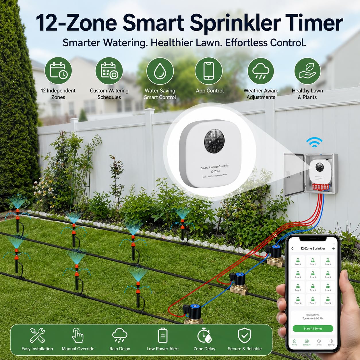 Computer di irrigazione Wi-Fi a 12 zone: controllo intelligente di irrigazione con WiFi e app 2.4G/5G, compatibile con Alexa e Google Assistant, irrigazione automatica del giardino con ritardo della