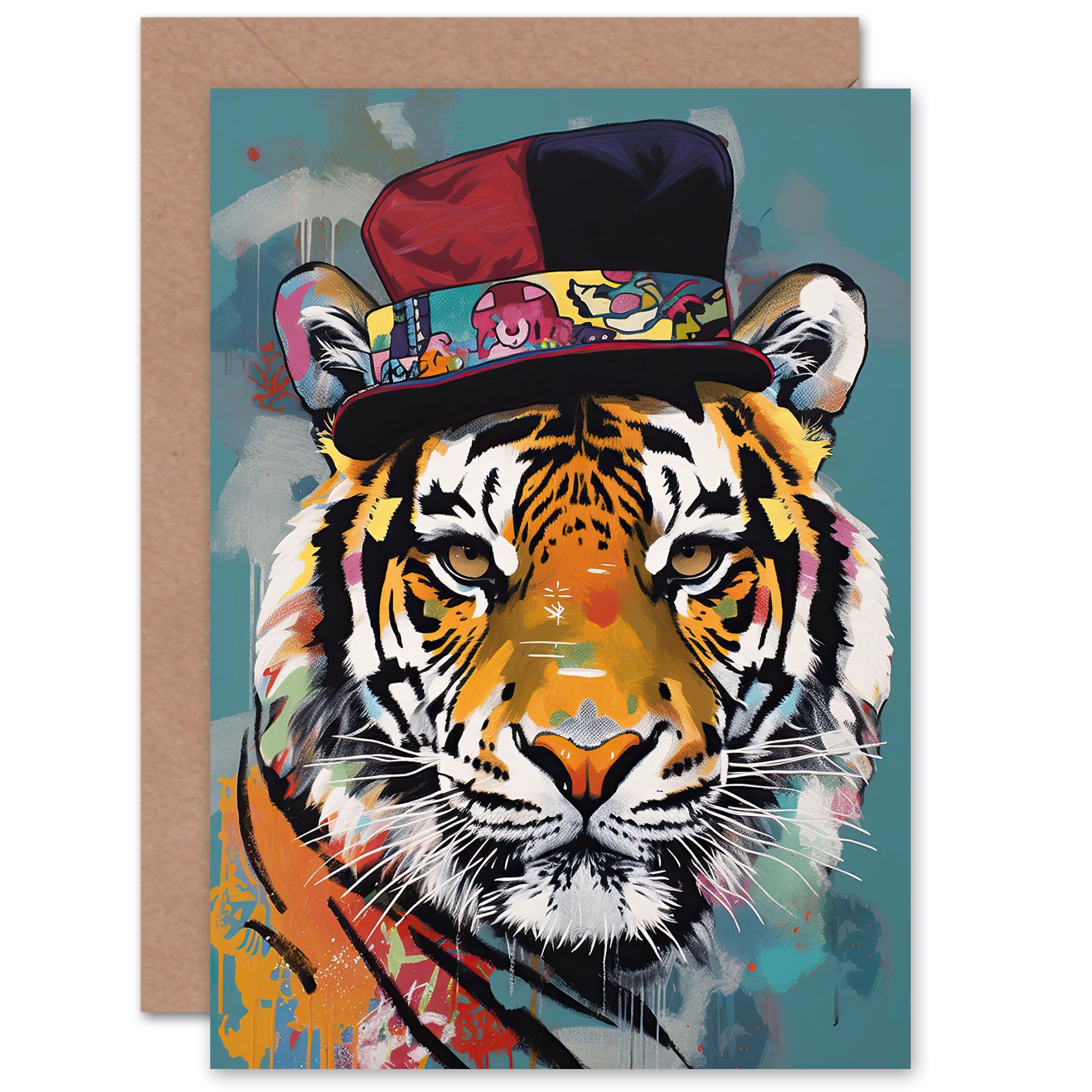 Artery8 The Tiger in the Top Hat for Him or Her Man Woman Birthday Thank You Congratulations Blank Art Greeting Card