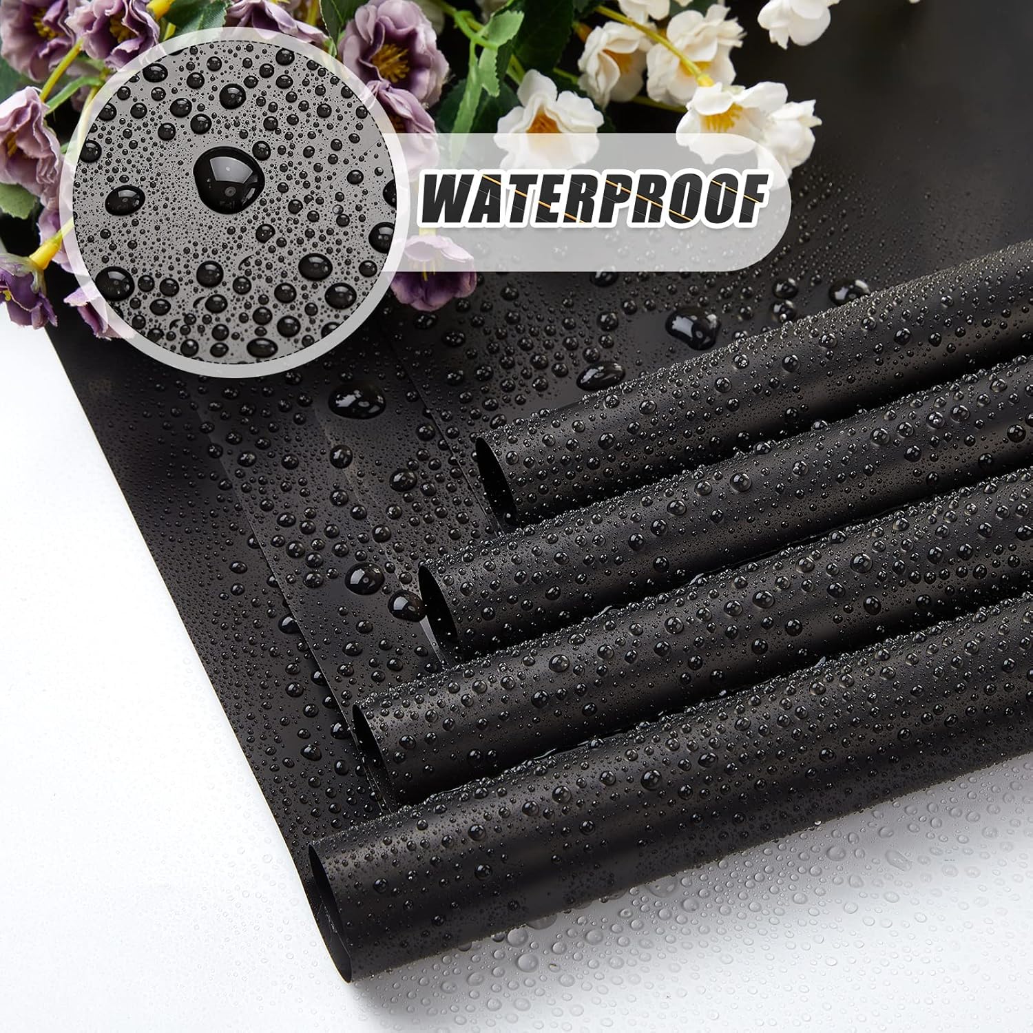 Sabary 120 Sheets Flower Wrapping Paper Bouquet Pure Color Waterproof Floral Packaging Paper with 196 Inch Ribbon Florist Bouquet Supplies for Wedding Birthday DIY, 22.8 x 22.8 Inch(Black)