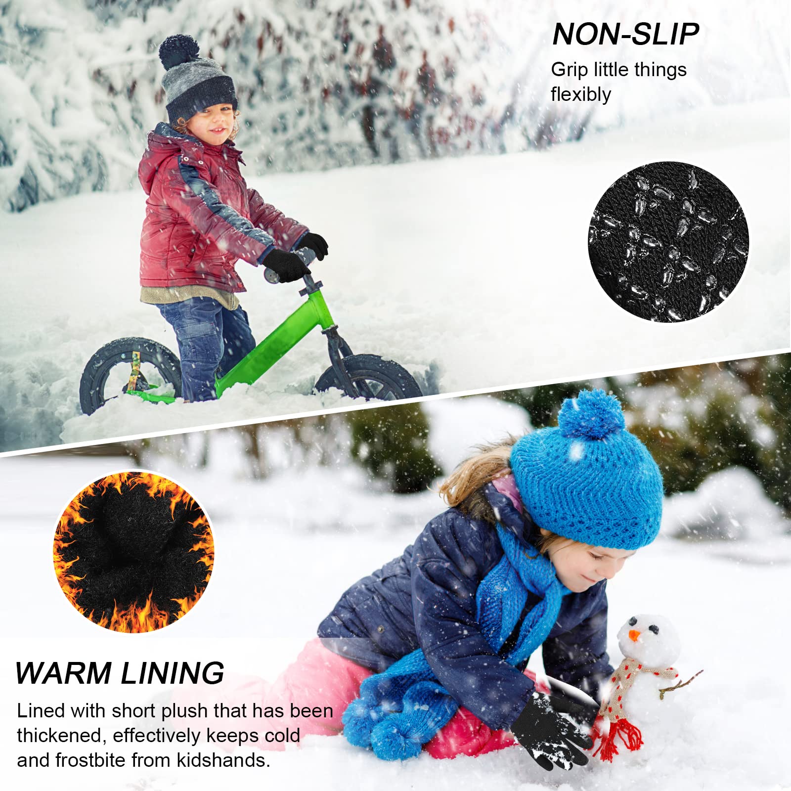 3 Pares de Guantes Cálidos de Invierno para Niños, Forro polar Térmico Elástico para Pantalla Táctil Guantes de Punto con Dedos Completos Mitones, para Niños de 4 a 8 años Niñas y Niños