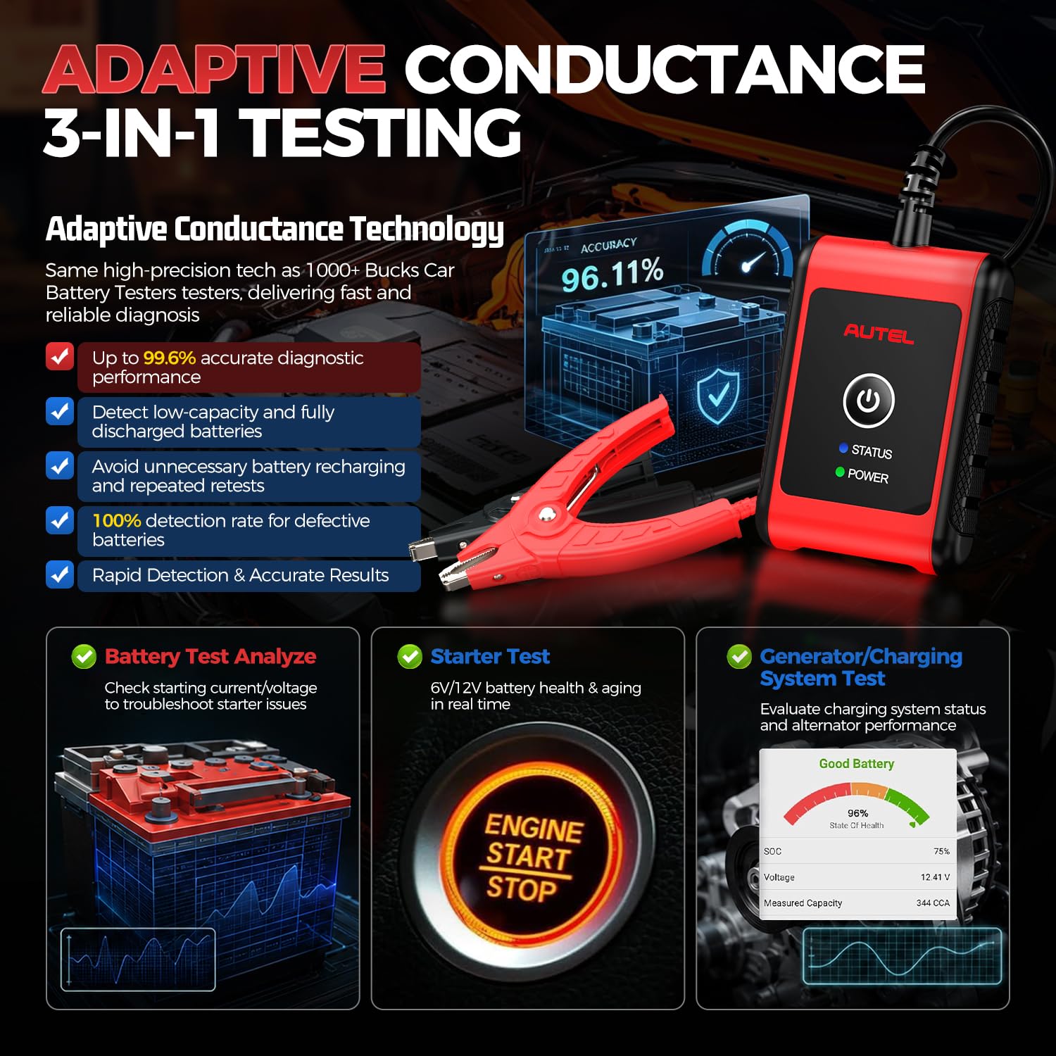 Autel MaxiBAS BT506 Batterietester, 6V 12V 100-2000 CCA Autobatterie-Analysator, Start-und Ladetest, digitales Batterielast-Testgerät für alle Fahrzeuge, Batterietest im Fahrzeug/außerhalb Fahrzeugs