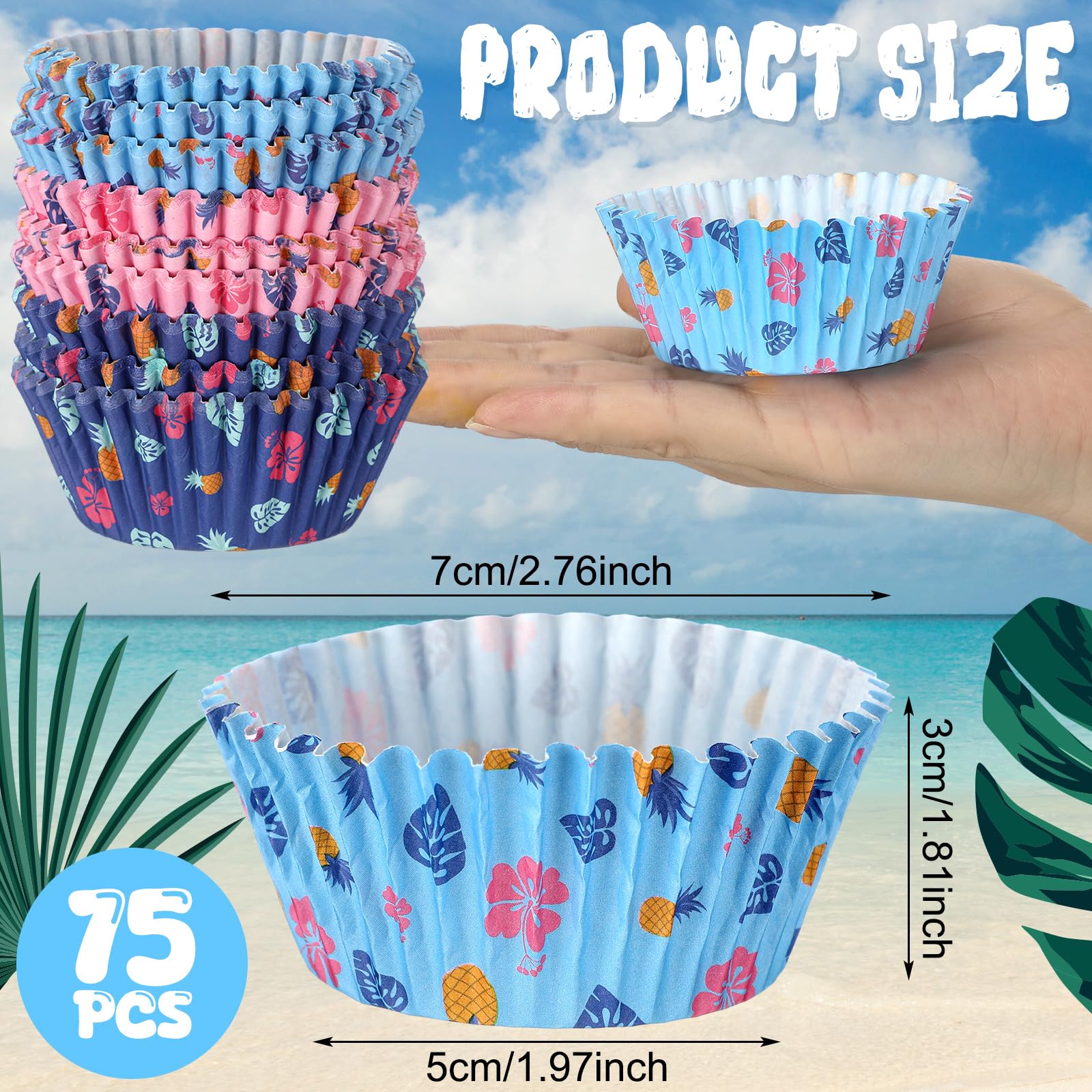Honoson 225 Count Hawaiian Luau Cupcake Liners Pineapple Palm Baking Cups Blue Muffin Wrappers Paper Cups for Tropical Beach Summer Birthday Party Baby Shower Decorations