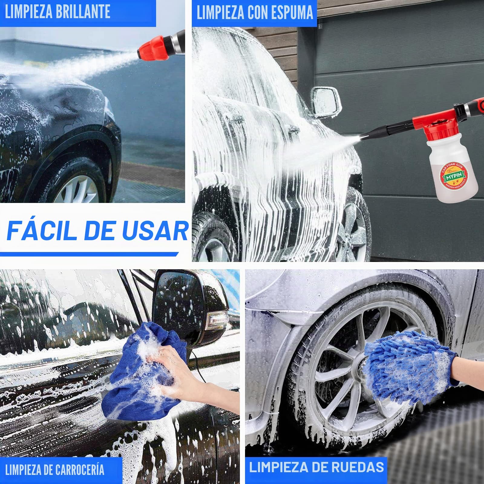 Lanza de Espuma de Nieve, 1000 ml Pistola Coche Cañón Con 2,5 a 6 Barras, Blaster, Boquillas, Manopla de Lavado y Toalla Para Limpieza de Automóviles, Casas y Jardines