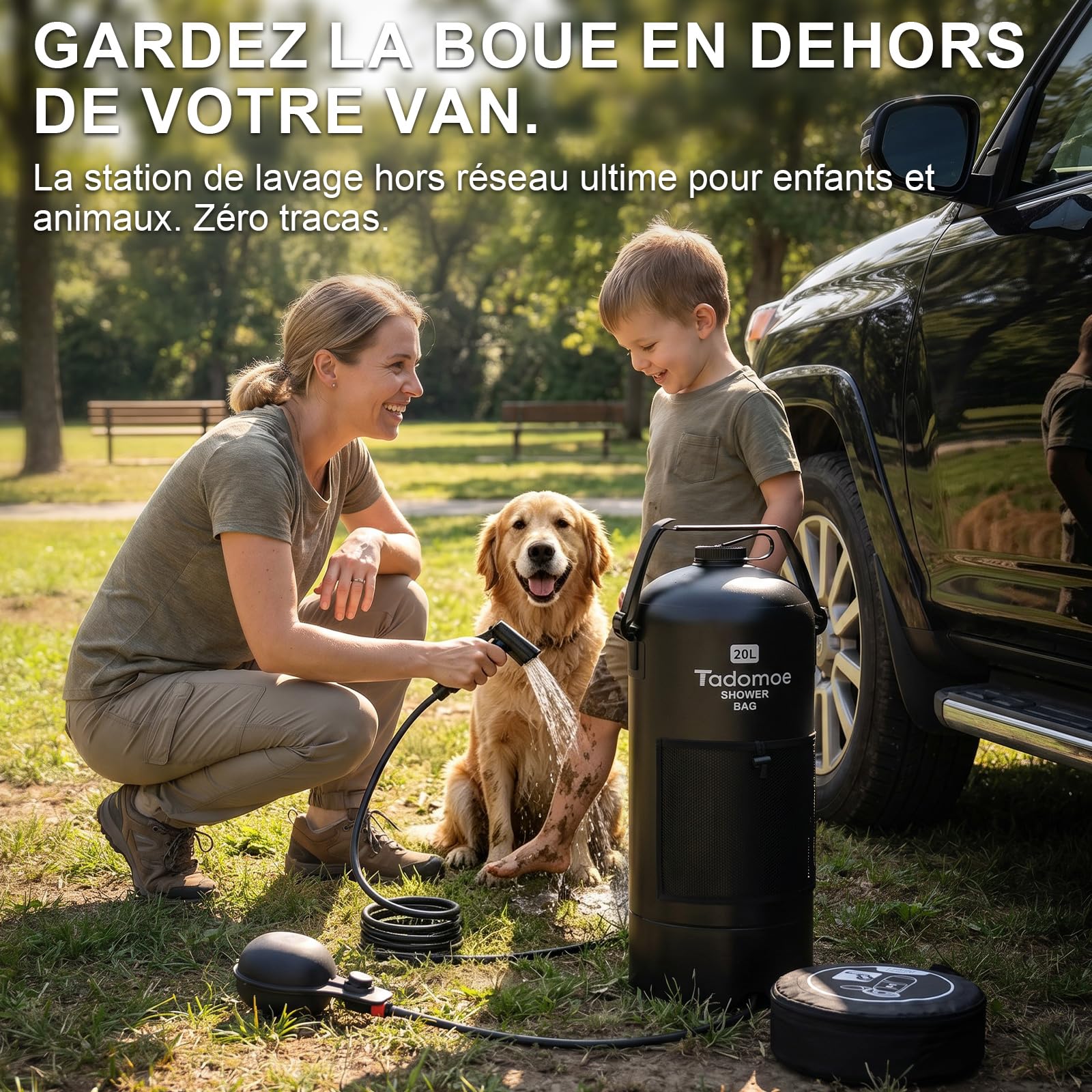 20l Douche Solaire Camping Portable avec Pompe à Pied & Tuyau 2m - Sac de Douche Extérieur Pliable avec Pommeau et Sac - Idéal pour Voyage, Van, Plage, Chien et Jardin