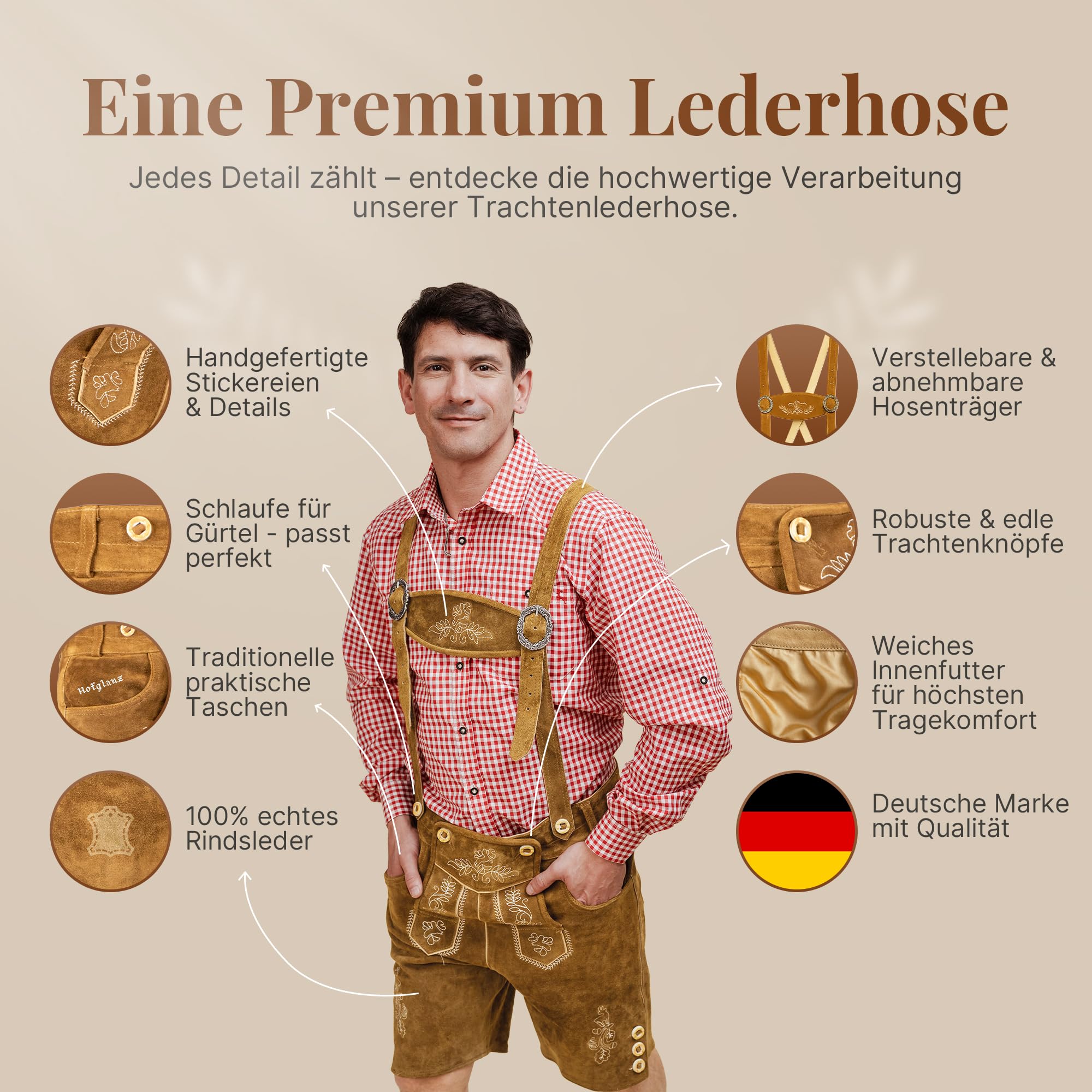 HOFGLANZ® Trachten Lederhose Herren Kurz - Hochwertige Trachtenhose für Herren mit Hosenträgern - Traditionelle Echtlederhose für Oktoberfest Bequem & Robust (Größen 46-58)