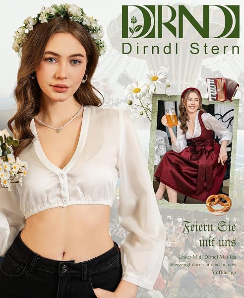 Besuche den DIRNDLSTERN- DIRNDLSTERN Bluse Damen Weiß - Dirndlbluse Langarm V-Ausschnitt Knopfleiste Trachtenbluse für Oktoberfest & Karneval in use