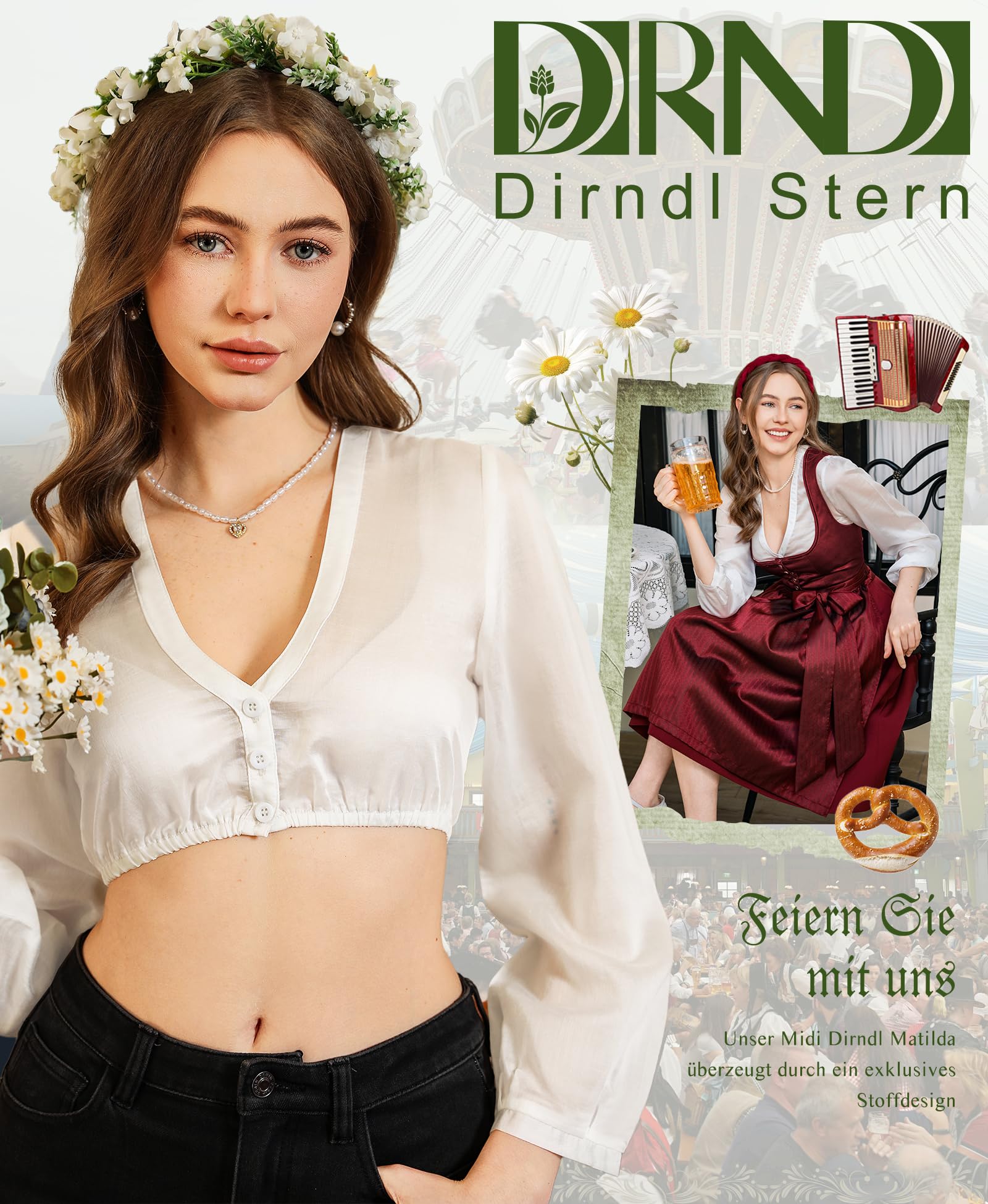 Besuche den DIRNDLSTERN- DIRNDLSTERN Bluse Damen Weiß - Dirndlbluse Langarm V-Ausschnitt Knopfleiste Trachtenbluse für Oktoberfest & Karneval in use