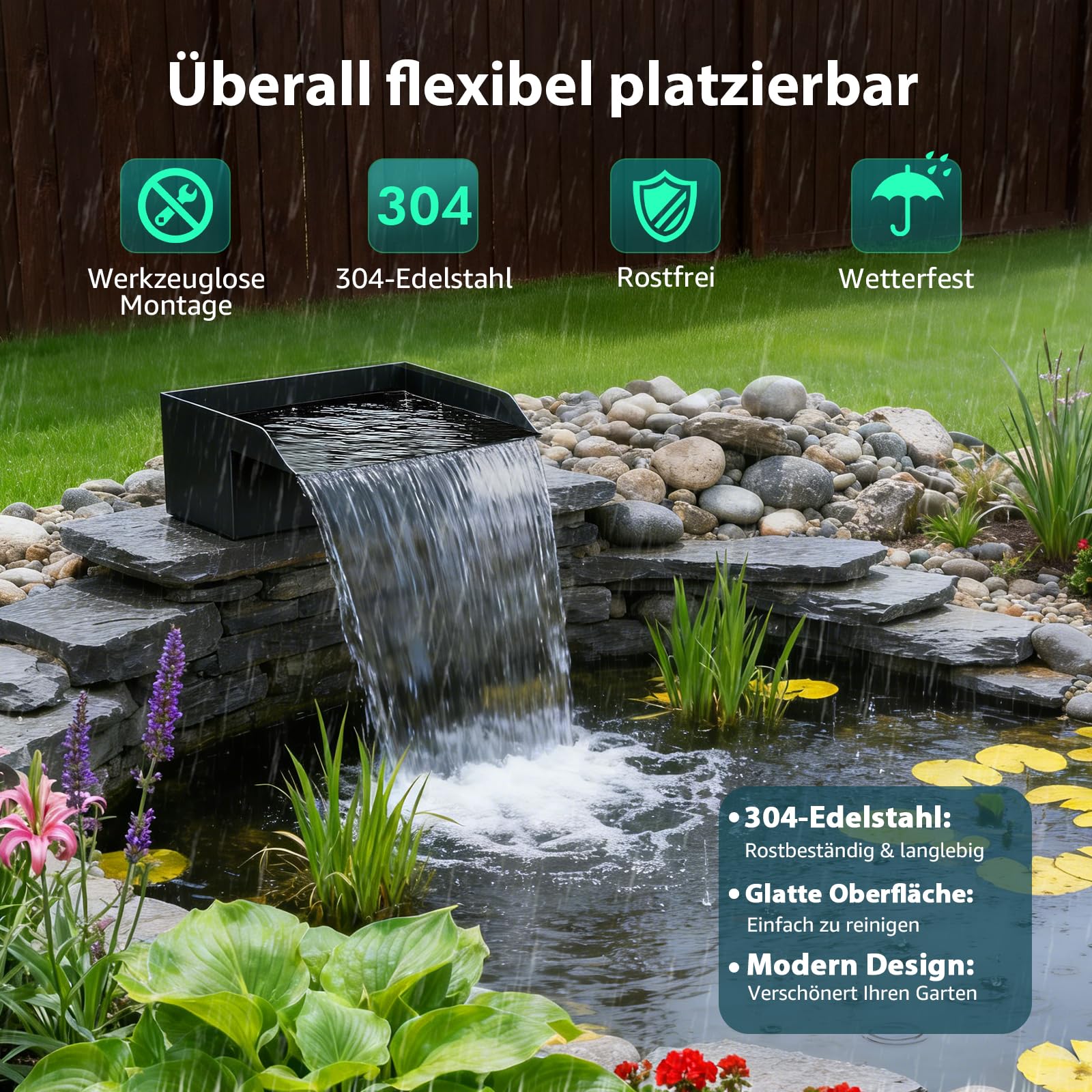 Teichwasserfall-Auslaufset, 20cm Teichwasserfall-Filter mit 2500l/h Wasserfallpumpe & Filterkäfig, 3m gewellter Schlauch für Außengartenteiche und Hinterhof-Wasserspiele
